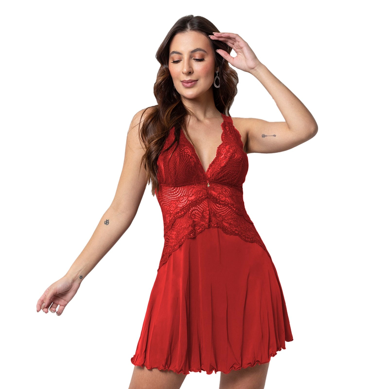 Imagem principal Camisola Bruna Gabi Lingerie Renda Sensual Sem Bojo Curta Pijama Sexy Gabi Lingerie vermelho