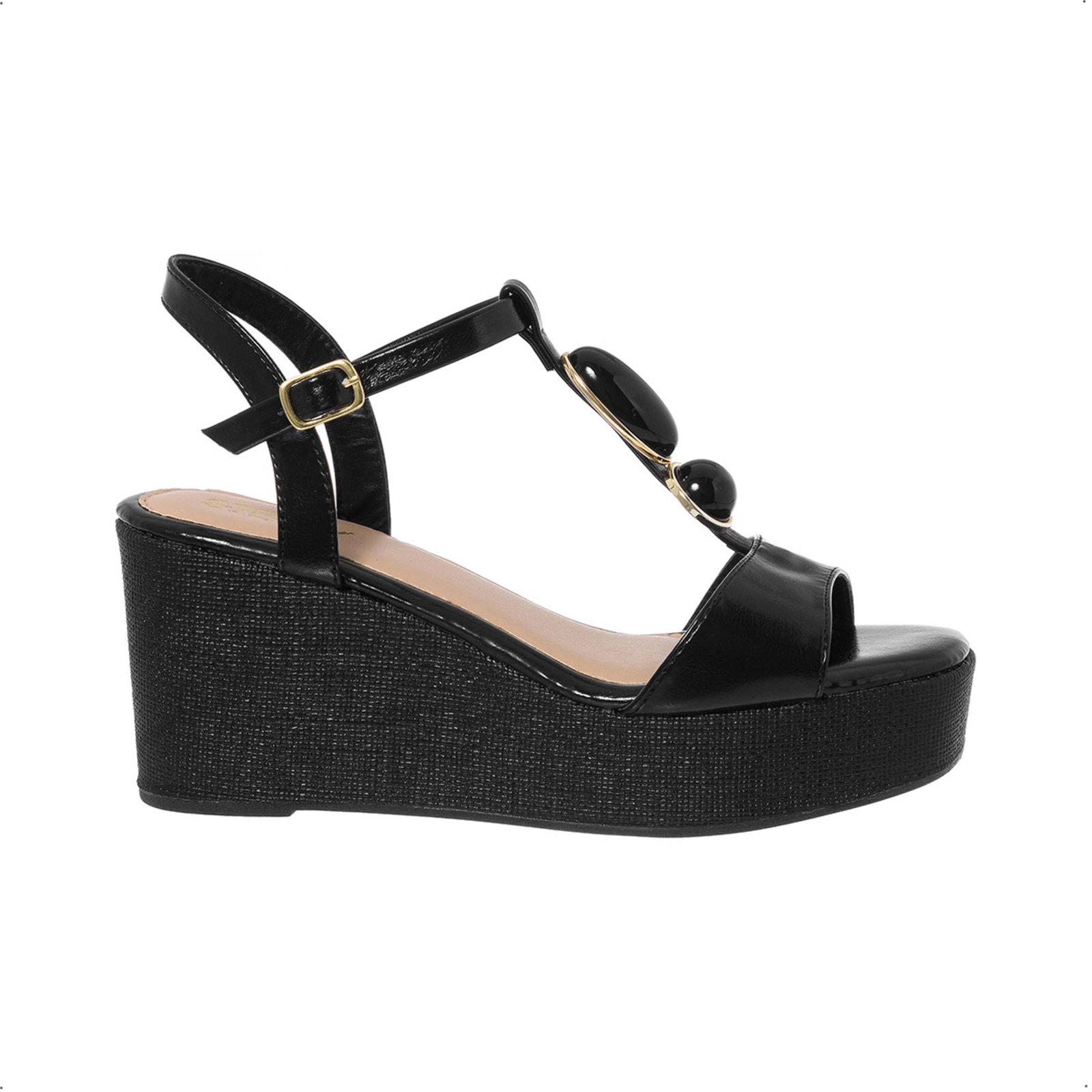 Imagem principal Sandália Anabela Plataforma Stessy Boho Chic Pedraria Rafia Lançamento Verão Stessy Shoes preto