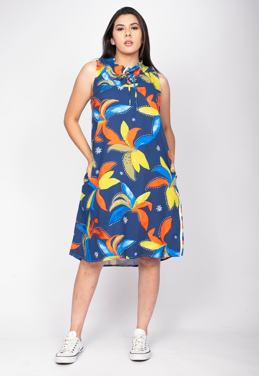 Imagem principal Vestido Midi Cabanafree Viscose Piaf Maré Vibrante Cabanafree amarelo/azul/estampado/laranja/off-white