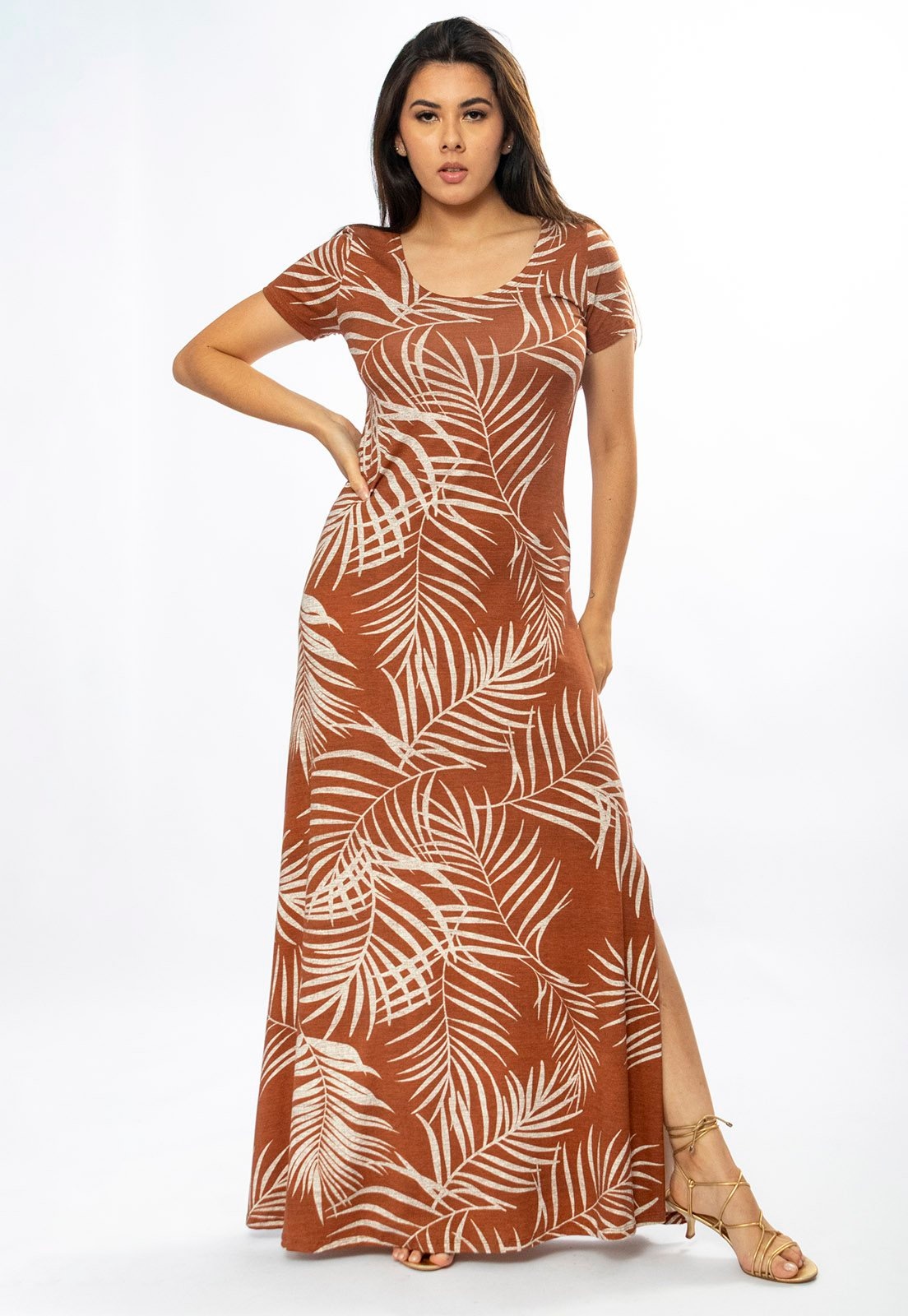 Imagem principal Vestido Longo Cabanafree Malha Gola Canoa Manga Curta Estampa Palmas da Terra Cabanafree estampado/off-white