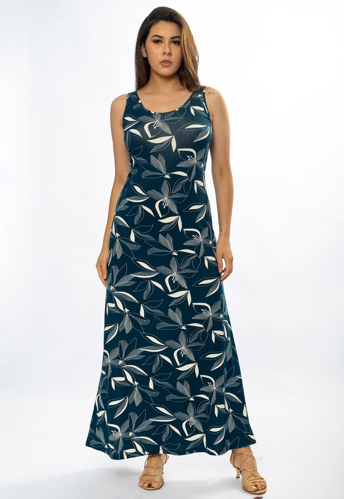 Imagem principal Vestido Longo Cabanafree Butiá Malha Regata Estampa Hibisco Blue Cabanafree estampado/off-white blue