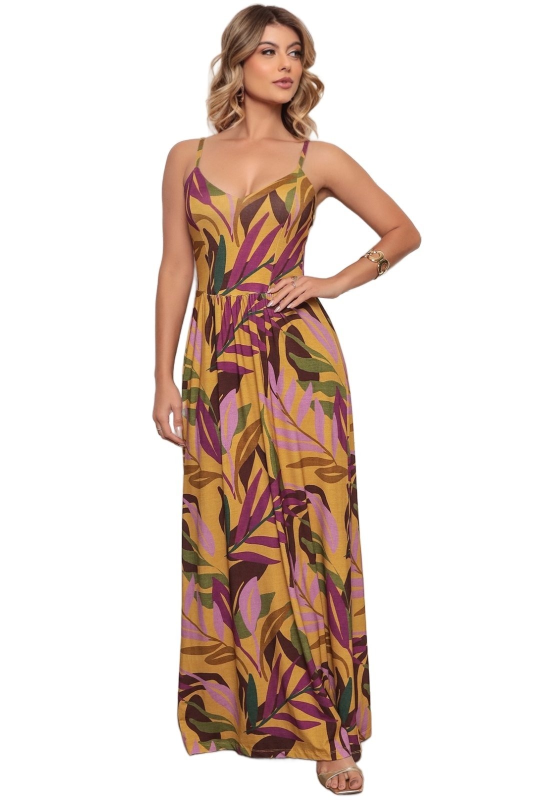 Imagem principal Vestido Longo Casual Alcinha Dellamarca Estampa Total Mostarda Dellamarca amarelo/estampado/ouro velho