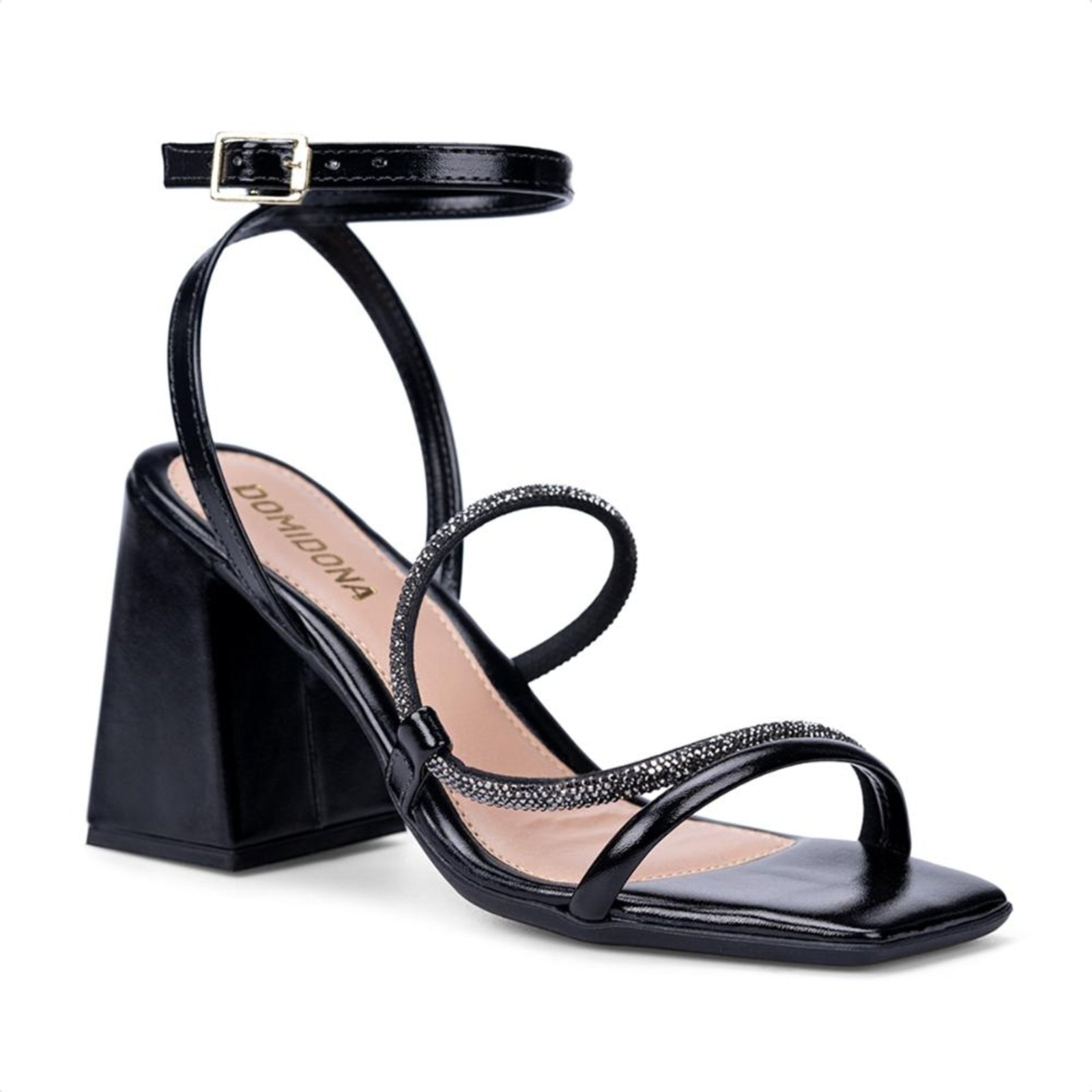 Imagem principal Sandália Preta Salto Grosso Bloco Tiras Duplas De Strass Tornozelo Fivela Domidona preto