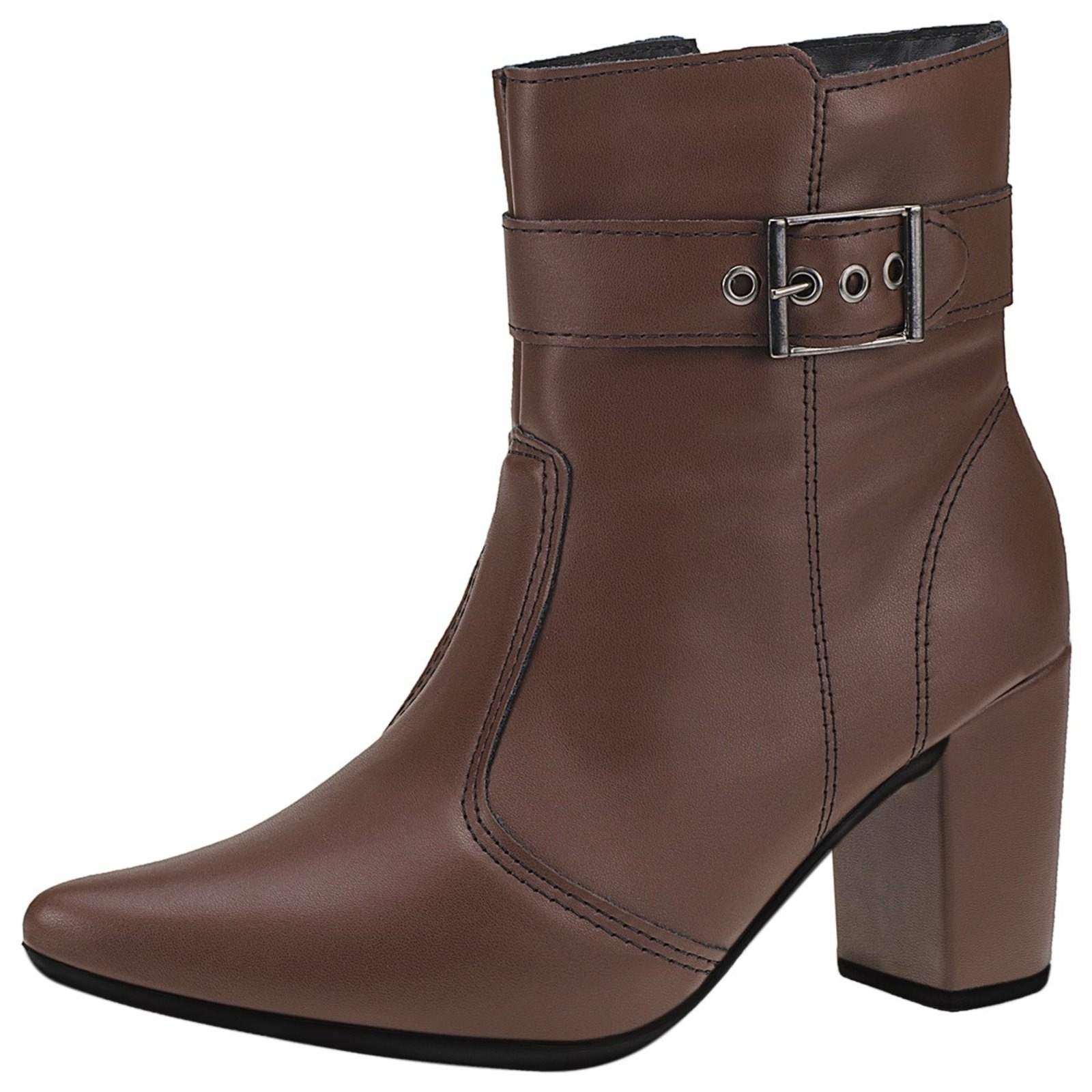 Imagem principal Bota Feminina Lóris Shoes com Zíper Bico Fino Lateral Cano Curto Salto com Acessório Fivela 205 LÓRIS SHOES café