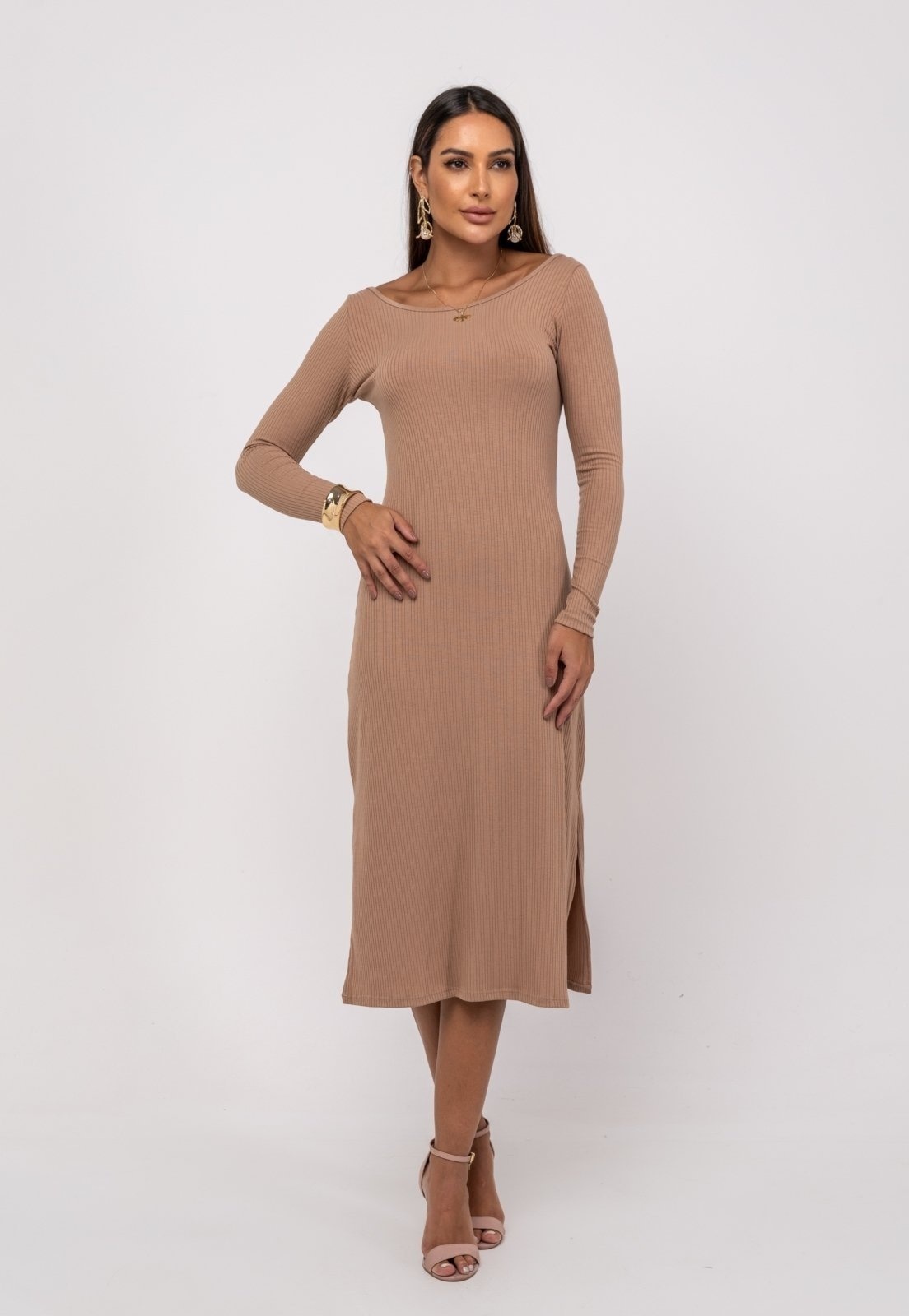 Imagem principal Vestido Midi L Decote Canoa Canelado Salvatore Salvatore Fashion bege