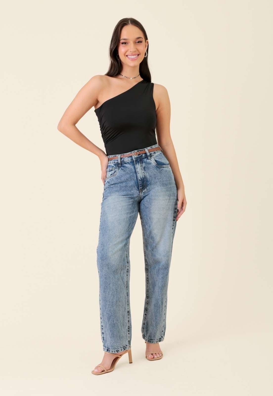 Imagem principal Calça Pop Me Mom Jeans Com Cinto Médio Pop Me azul