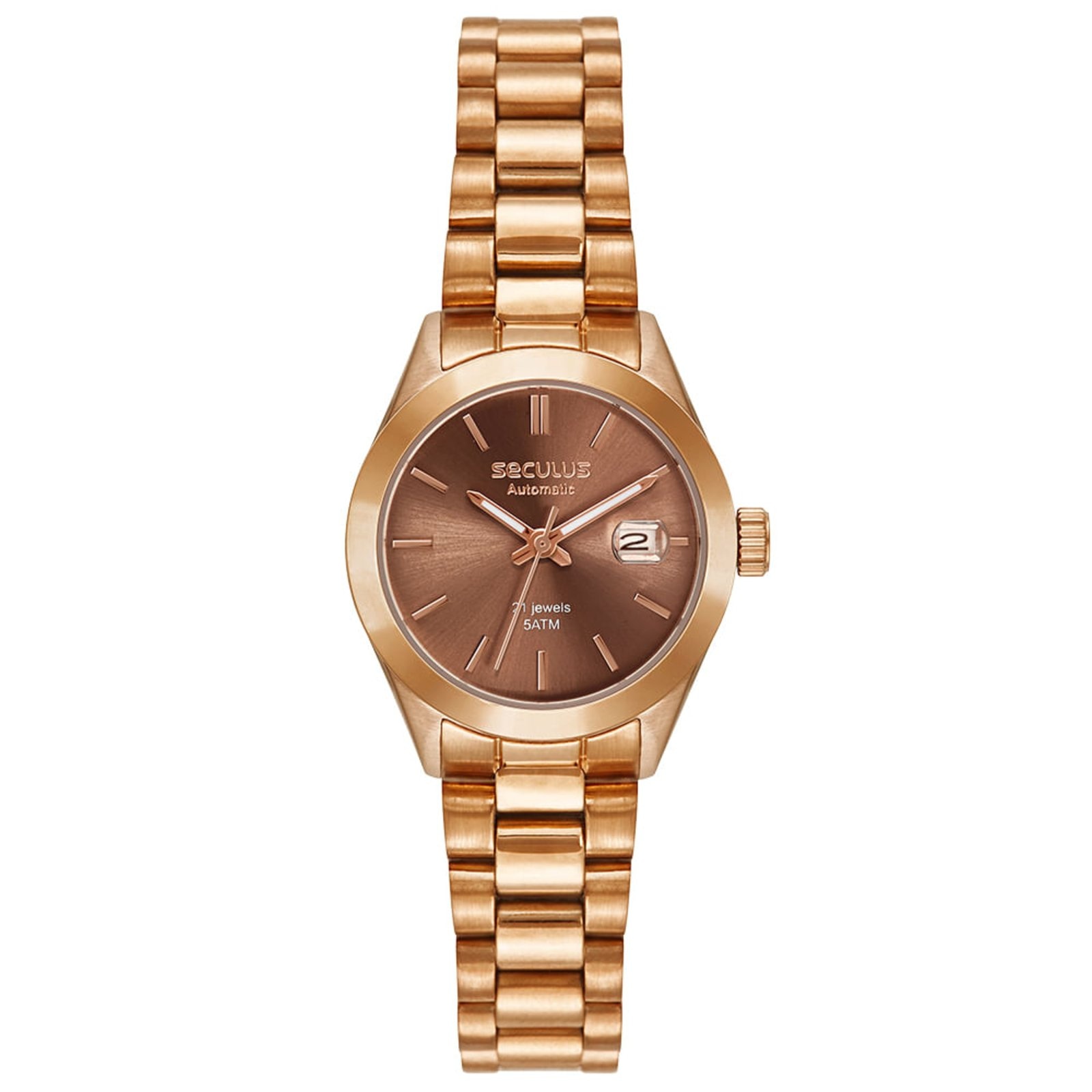 Imagem principal Relógio Feminino Aço Marrom Automático 28mm 5 ATM Index Seculus rosa