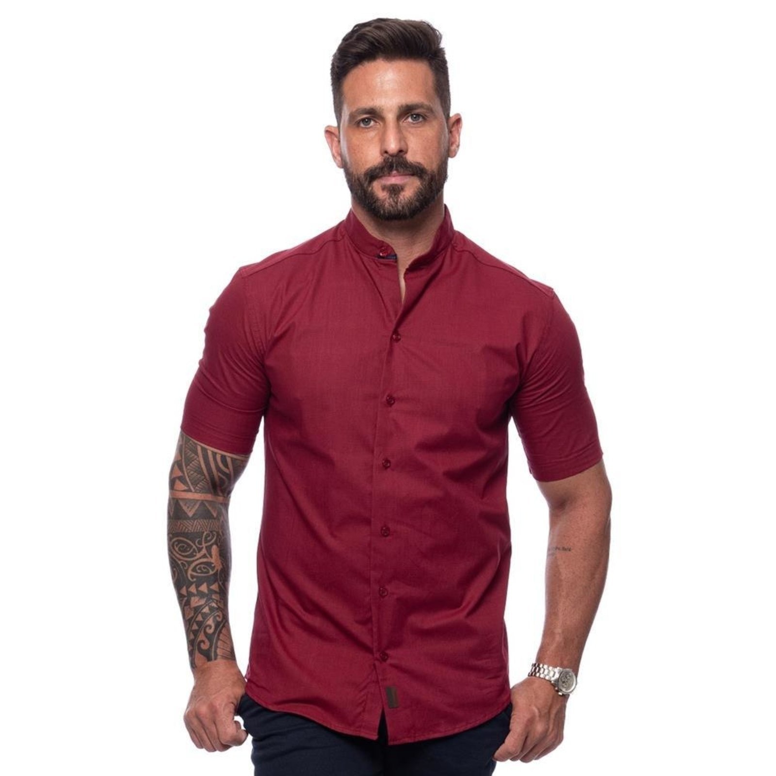 Imagem principal Camisa Masculina Linho Manga Curta Gola Padre Lisa Casual Azul Claro Vinho TEODORO CAMISARIA vinho azul