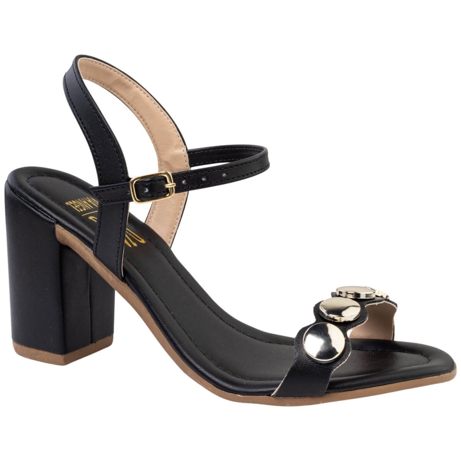 Imagem principal Sandália Feminina Salto Alto Clássica Detalhes Dourado Moderno Estilosa Confortável Via Angel 5203 VIA ANGEL preto