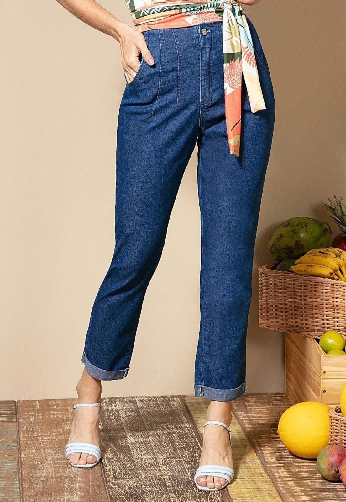 Imagem principal Calça Reta De Cintura Alta Com Pregas Quintess azul