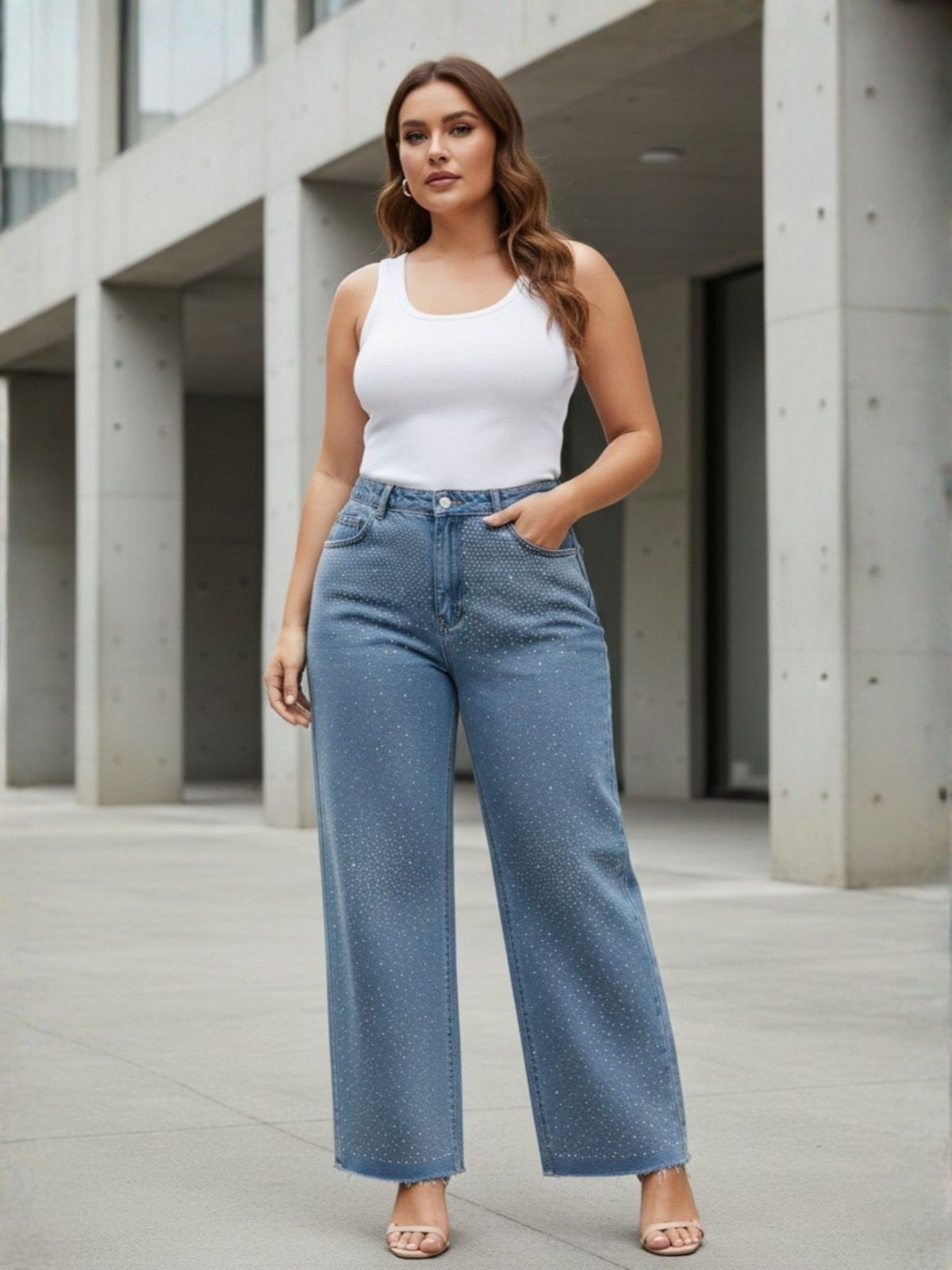 Imagem principal Calça Jeans Feminina Plus Size Reta Brilhos Cintura Alta Bolsos Claro Barra a Fio Razon Jeans azul/jeans azul
