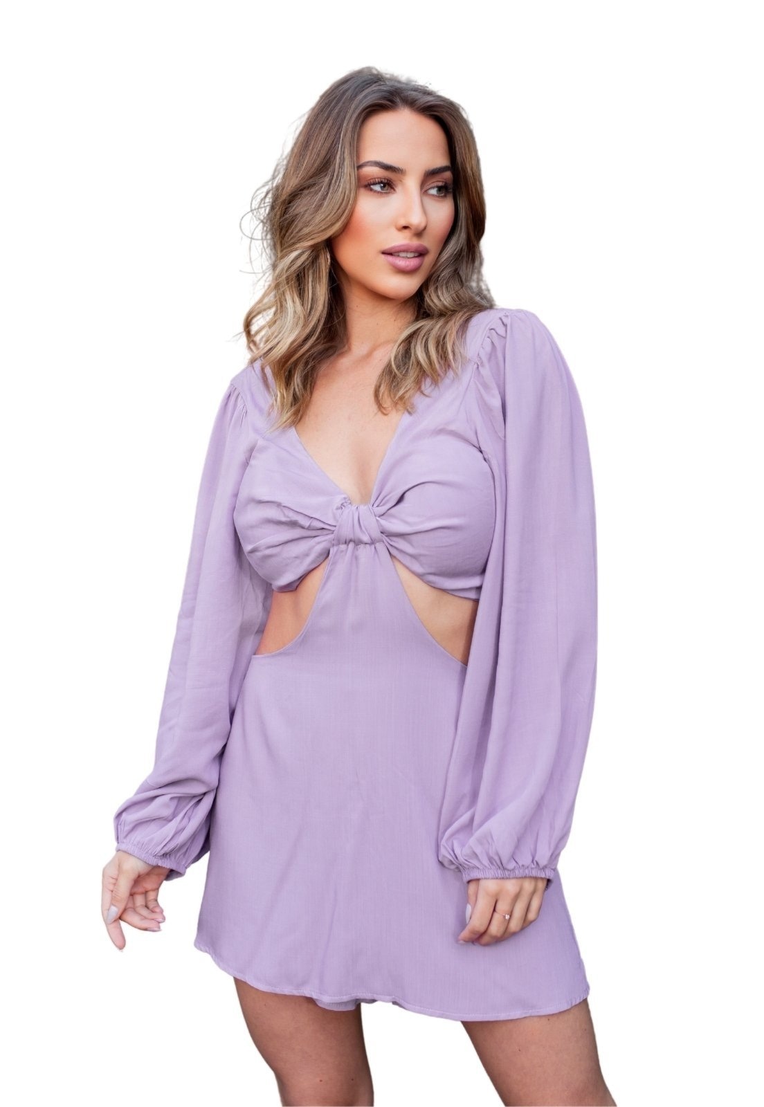 Imagem principal Macaquinho de Inverno Manga Longa Viscose Amarração Telha Recortes Cia do Vestido lilás