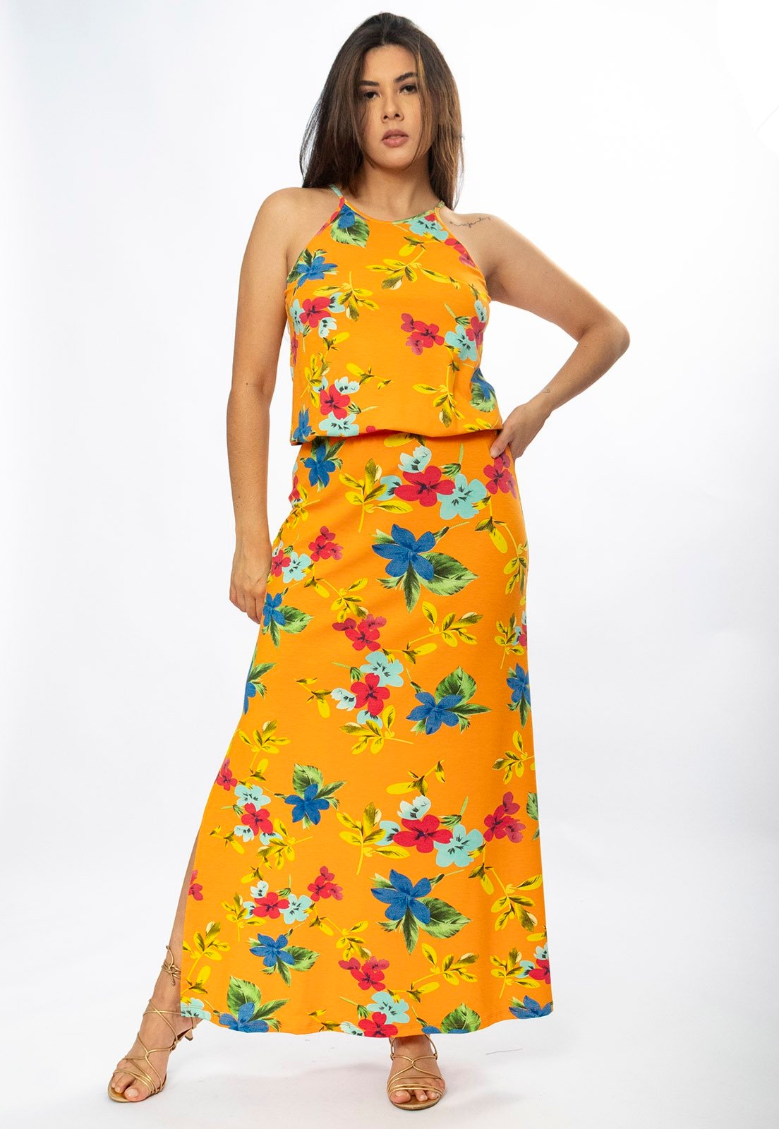 Imagem principal Vestido Longo Cabanafree Malha Trapézio com Elástico na Cintura Laranja Floral Cabanafree azul/estampado/verde/vermelho