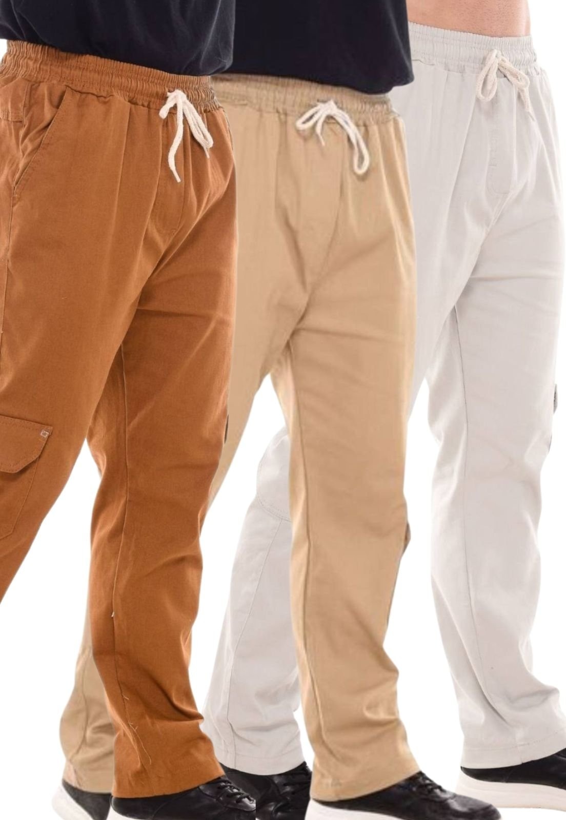 Imagem principal Kit 3 Calças Jogger Mys Jeans com Bolso Cargo Sem Punho Gelo Caramelo Ethereal Jeans caqui