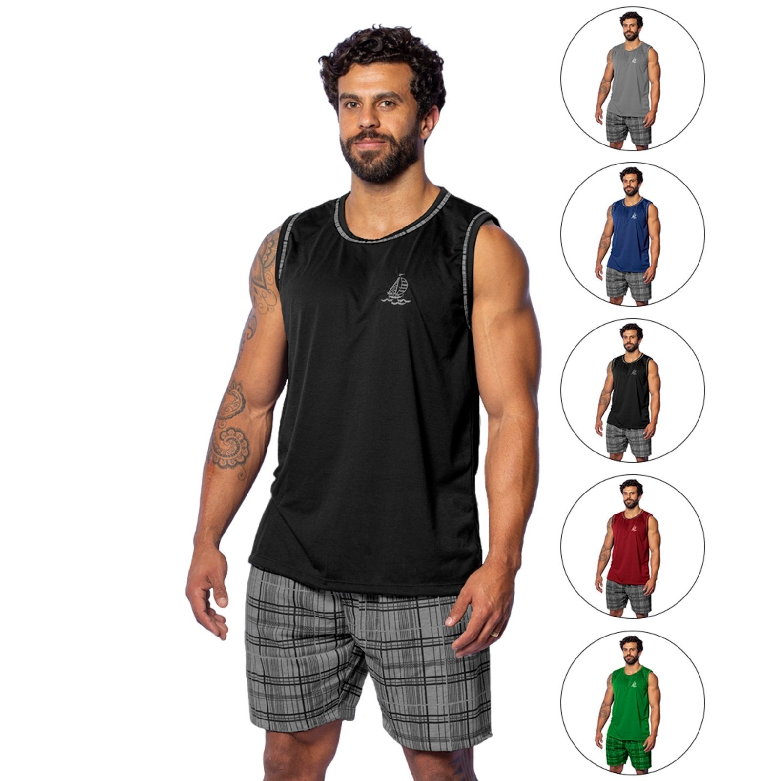 Imagem principal Kit 2 Pijamas Masculino Gabi Lingerie Regata Malha Confortável Curto Multicolorido Gabi Lingerie azul marinho/bordô/cinza/estampado/preto/verde militar/vinho