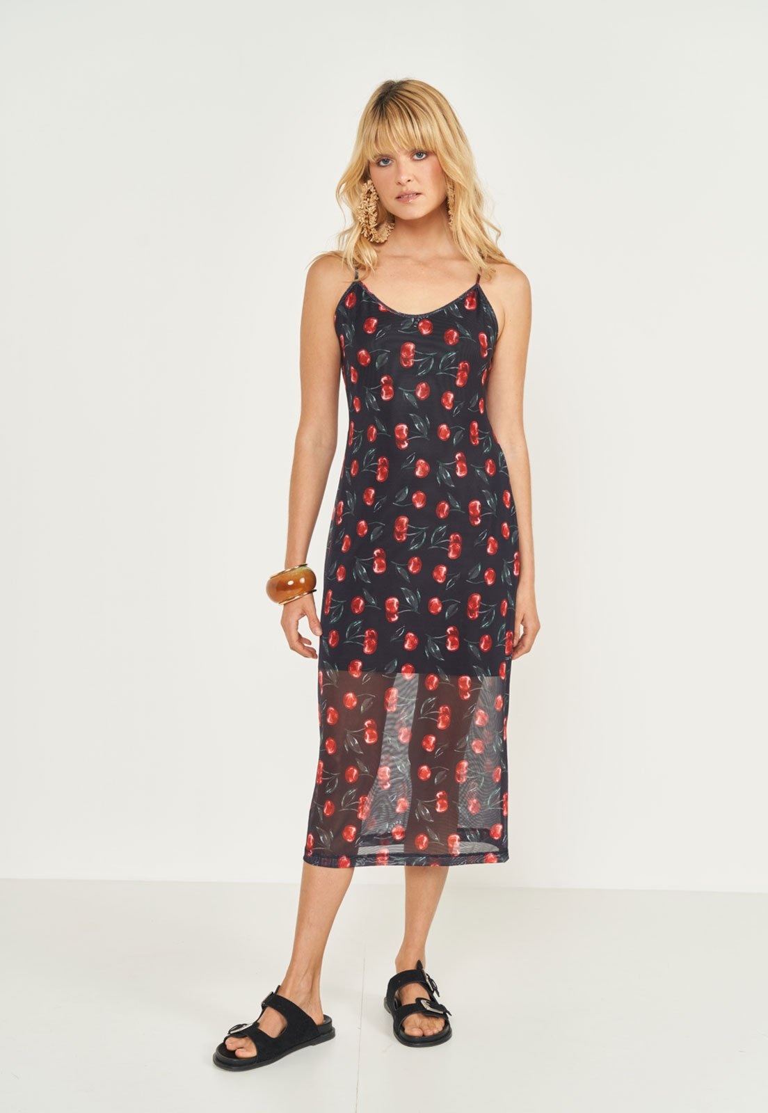 Imagem principal Vestido Feminino Colcci Estampado Cereja Midi Colcci preto