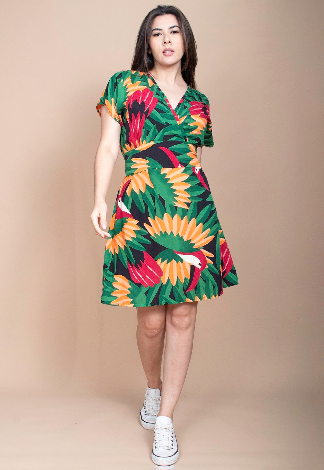 Imagem principal Vestido Cabanafree Curto Viscose Elastex nas Costas Estampa Festas dos Tucanos Cabanafree estampado/laranja/preto/vermelho