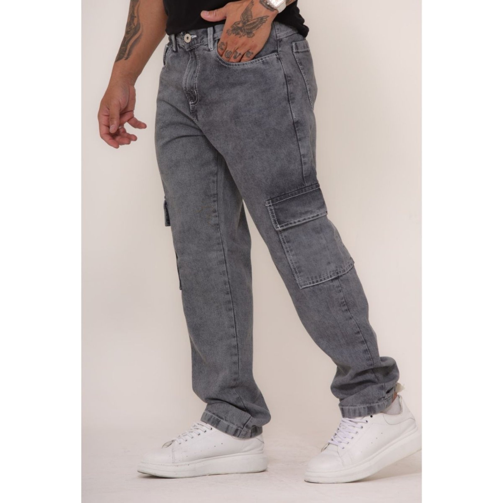 Imagem principal Calça Cargo Masculina Jeans Loka Collor com Costura Branca Jeans Loka cinza/grafite/preto