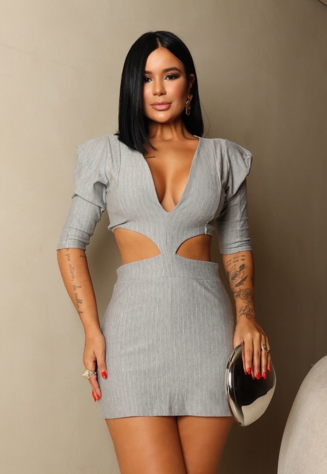 Imagem principal Vestido Macaquinho Curto Manguinha Pandora Azul Cia do Vestido cinza azul