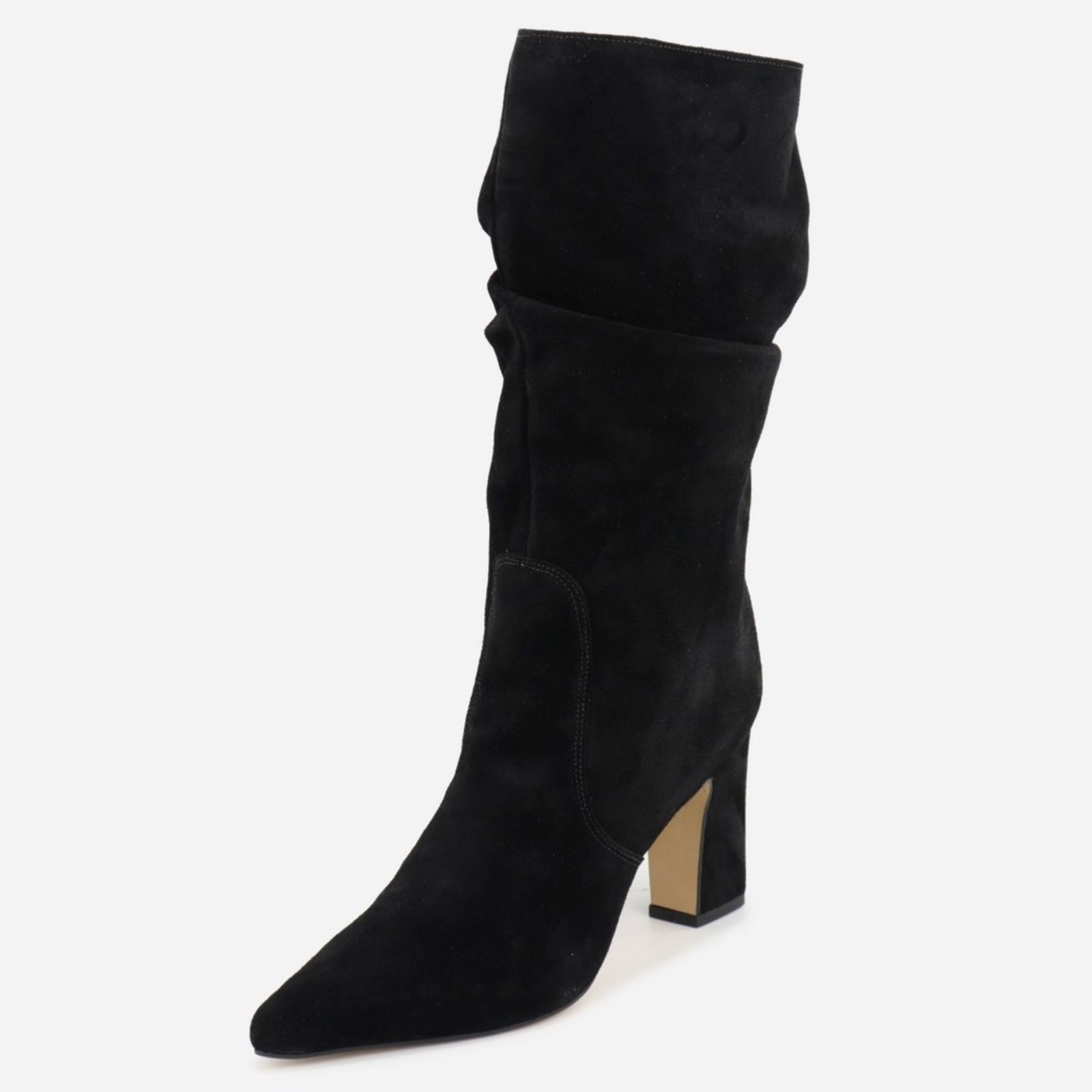 Imagem principal Bota Feminina Slouchy Enrugada em Couro Cano Médio Salto Grosso Bico Fino Maria Paula Camurça Preta MARIA PAULA preto