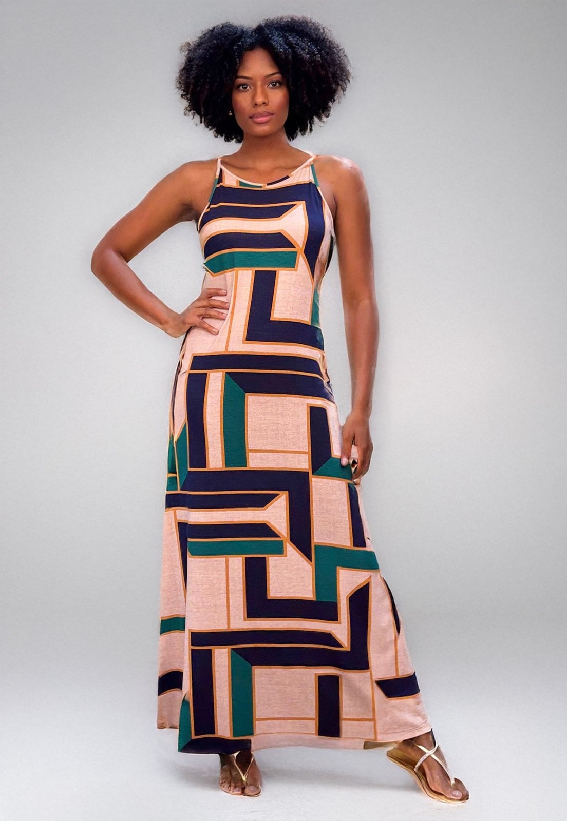 Imagem principal Vestido Longo Cabanafree Malha Trapézio Estampa Chapada de Areia Cabanafree azul/bege/estampado/verde