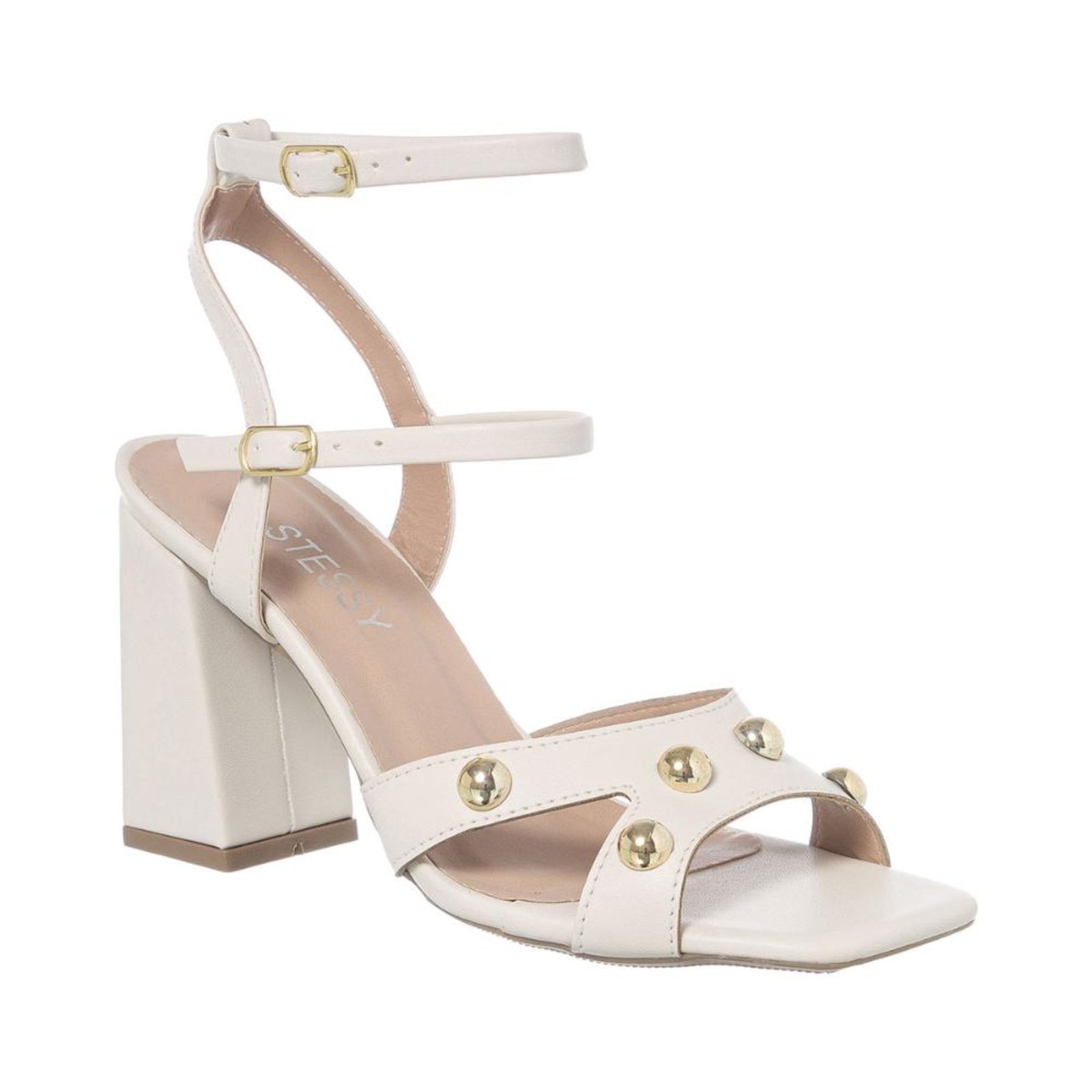 Imagem principal Sandalia Feminina Salto Bloco Grosso Festa Luxo Metalizado Off White Stessy Shoes off-white white