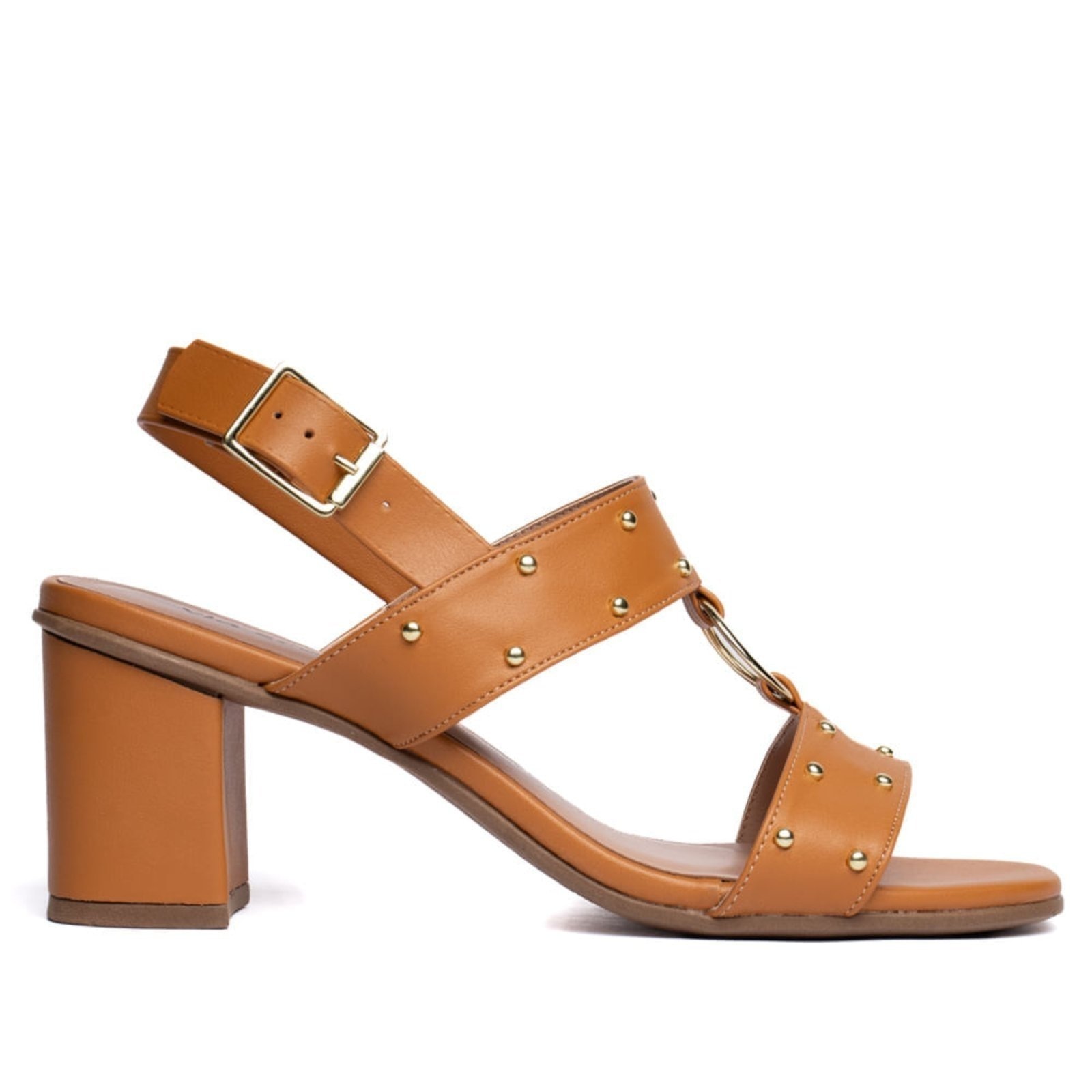 Imagem principal Sandália Feminina Salto Bloco Aplicações Douradas Via Scarpa caramelo