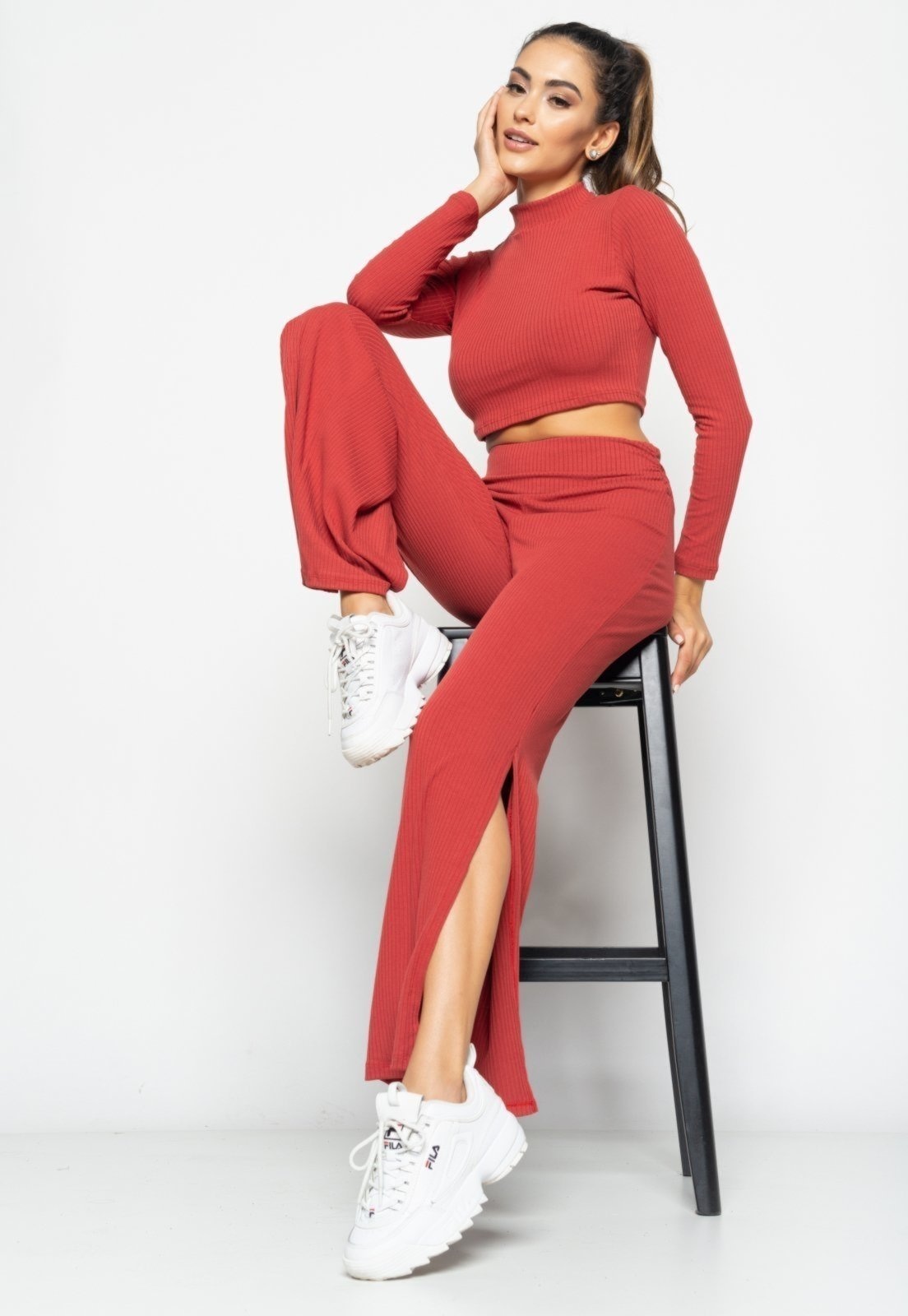 Imagem principal Calça Salvatore Flare Com Fenda Lateral Canelada Terracota Salvatore Fashion laranja