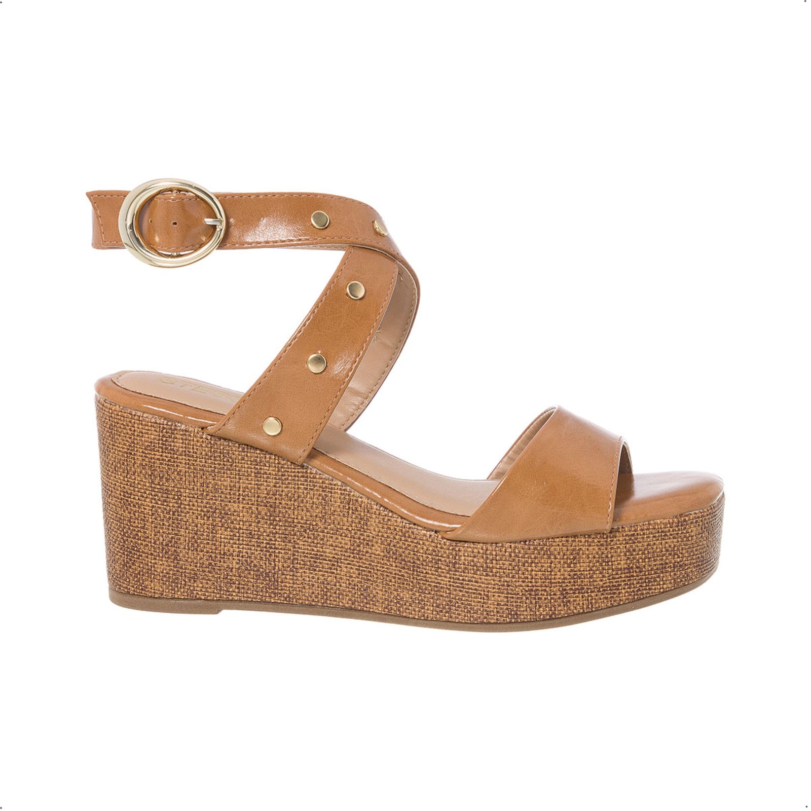 Imagem principal Sandália Anabela Plataforma Salto Tachas Boho Tramado Casual Stessy Shoes caramelo