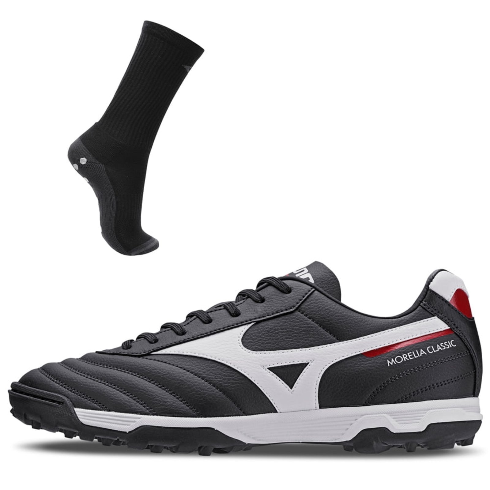 Imagem principal Kit 1 Chuteira Society Masculina Mizuno Morelia Classic As e 1 Meia Antiderrapante Cano Médio Mizuno preto