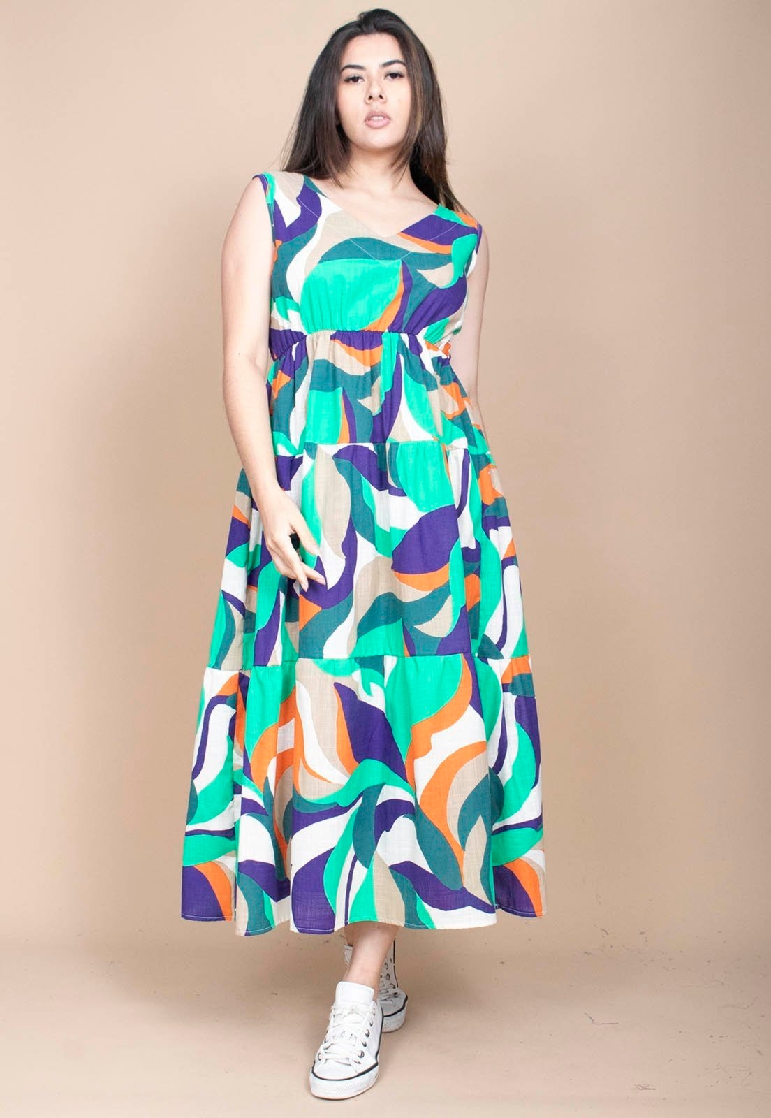 Imagem principal Vestido Cabanafree Regata Longo Peri Viscose Camadas Estampa Brisa do Mar Cabanafree azul/estampado/laranja