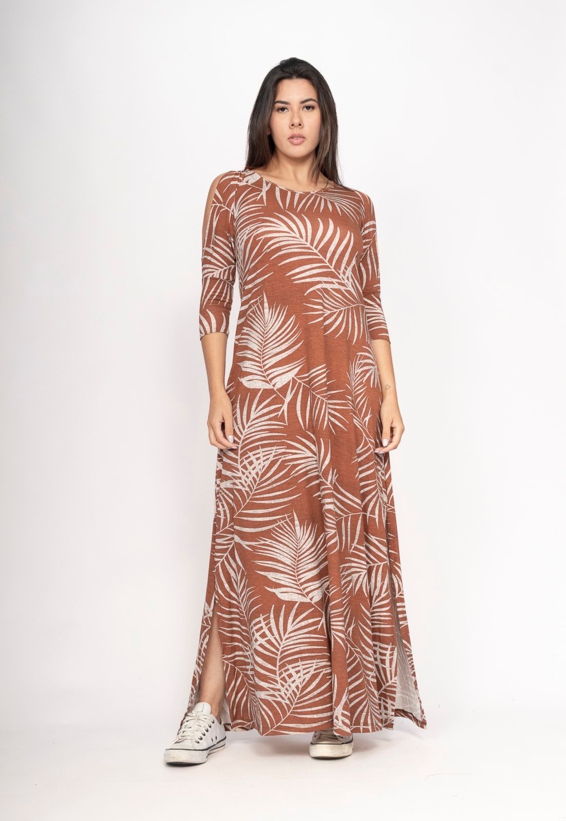 Imagem principal Vestido CabanaFree Boyrá Longo Malha Detalhe na Manga Estampa Palmas da Terra Cabanafree estampado