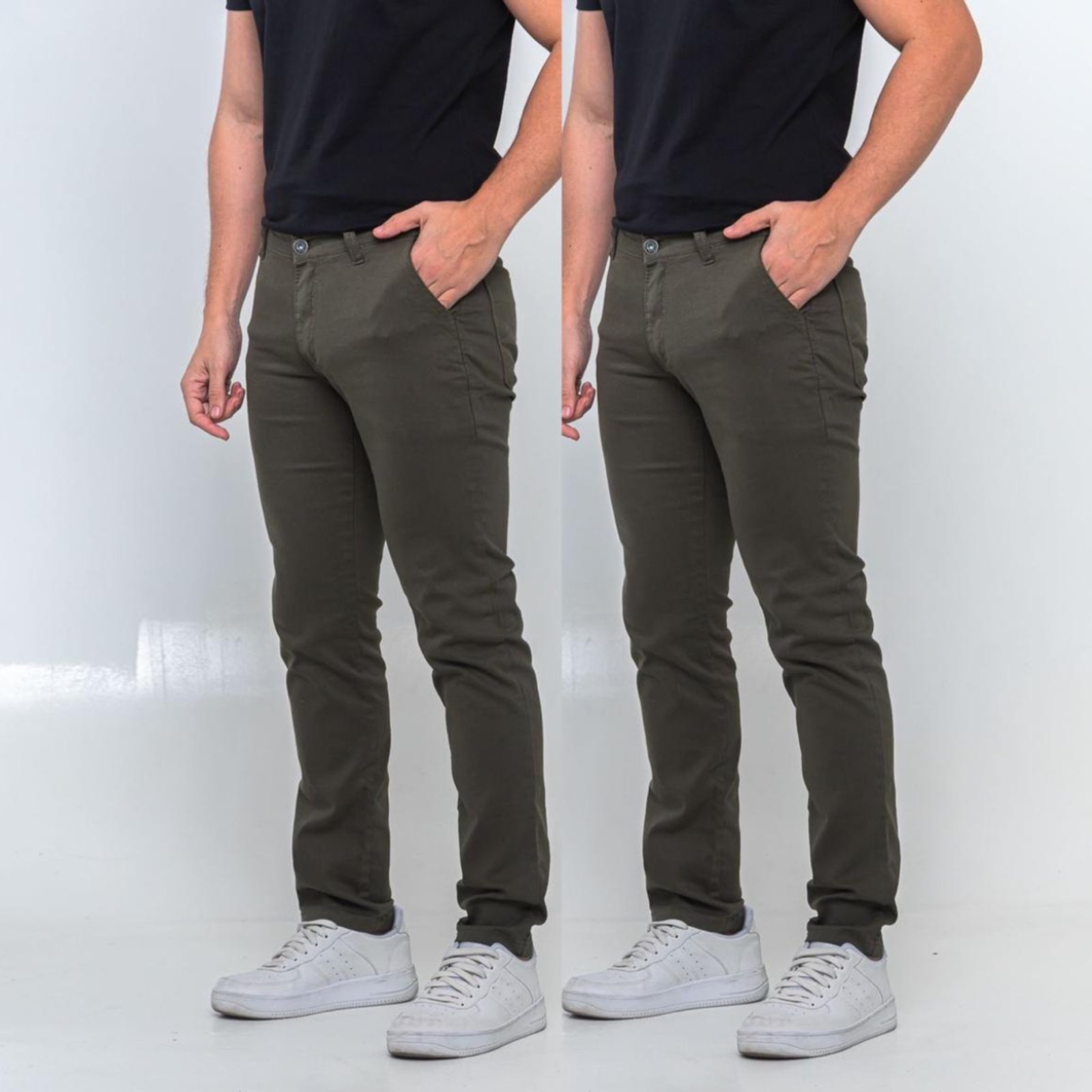 Imagem principal KIT 2 Calças Sarja Masculina Tempo Hábil Alfaiatada Skinny Militar 5 Estilo verde/verde militar verde