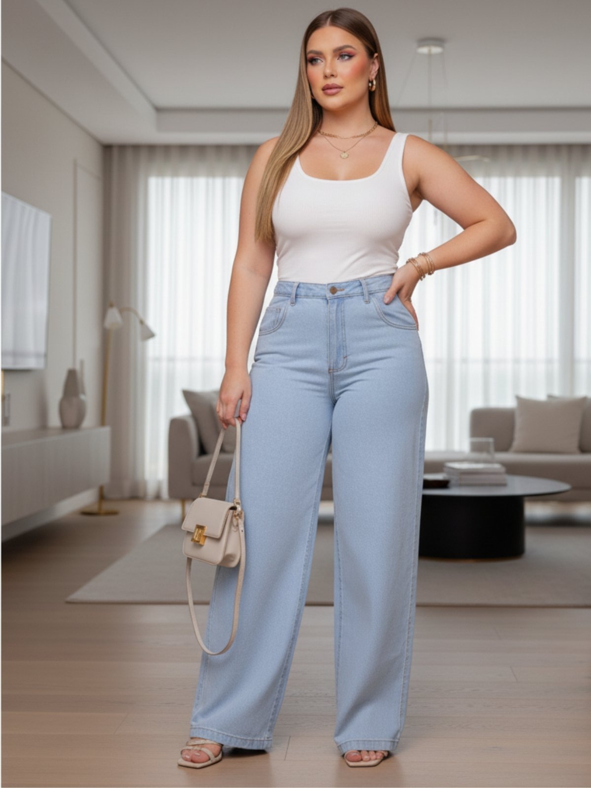 Imagem principal Calça Wide Leg Clara Alpha Estilo Gringa Moda Fashioon Alpha Street Wear azul