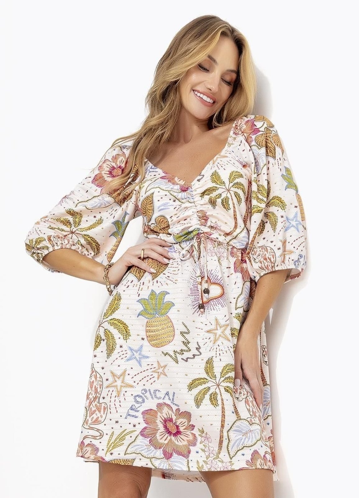 Imagem principal Vestido Em Malha Texturizada Selva Colorida Quintess bege