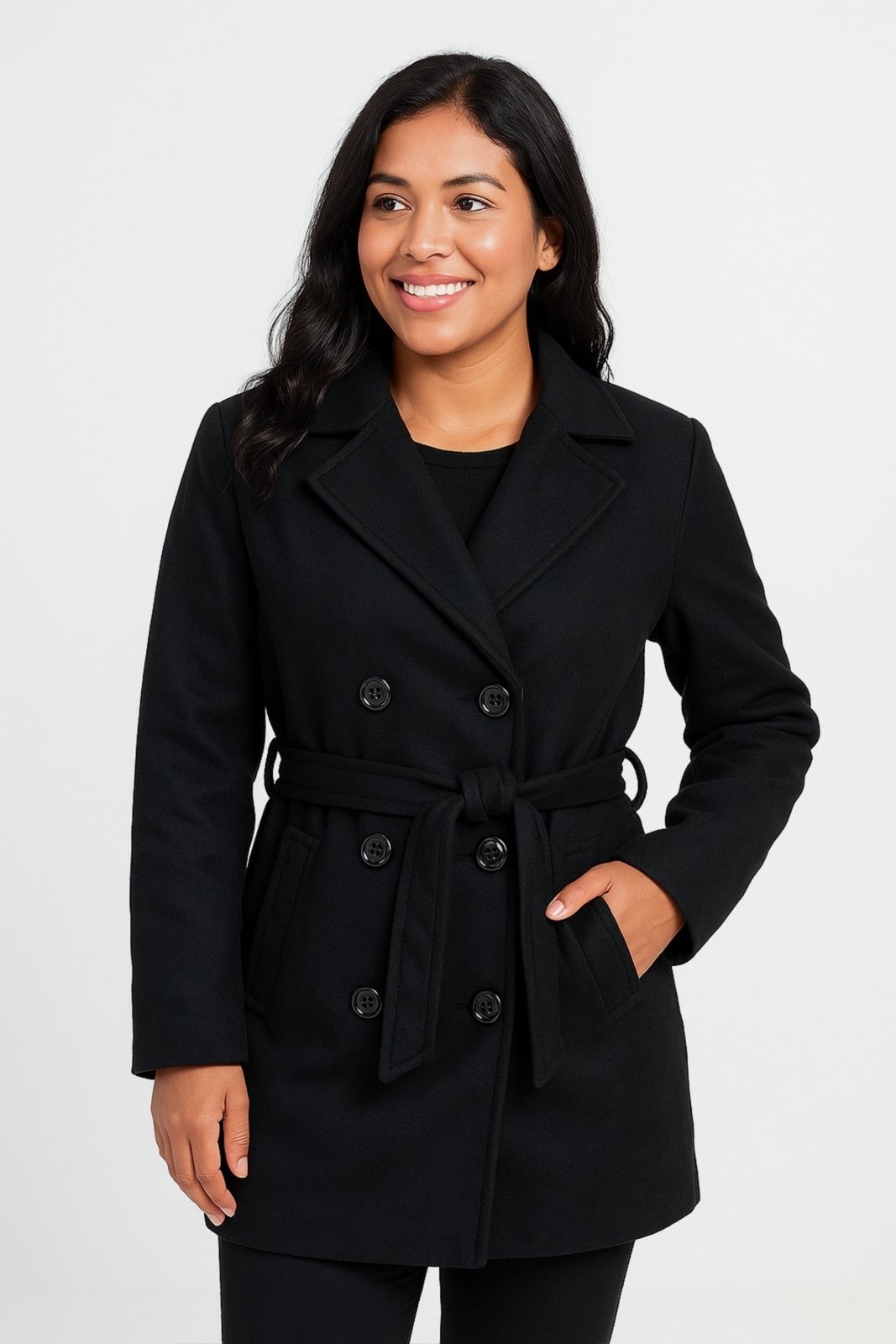 Imagem principal Casaco feminino lã batida sintética com cinto 84207 Enluaze preto