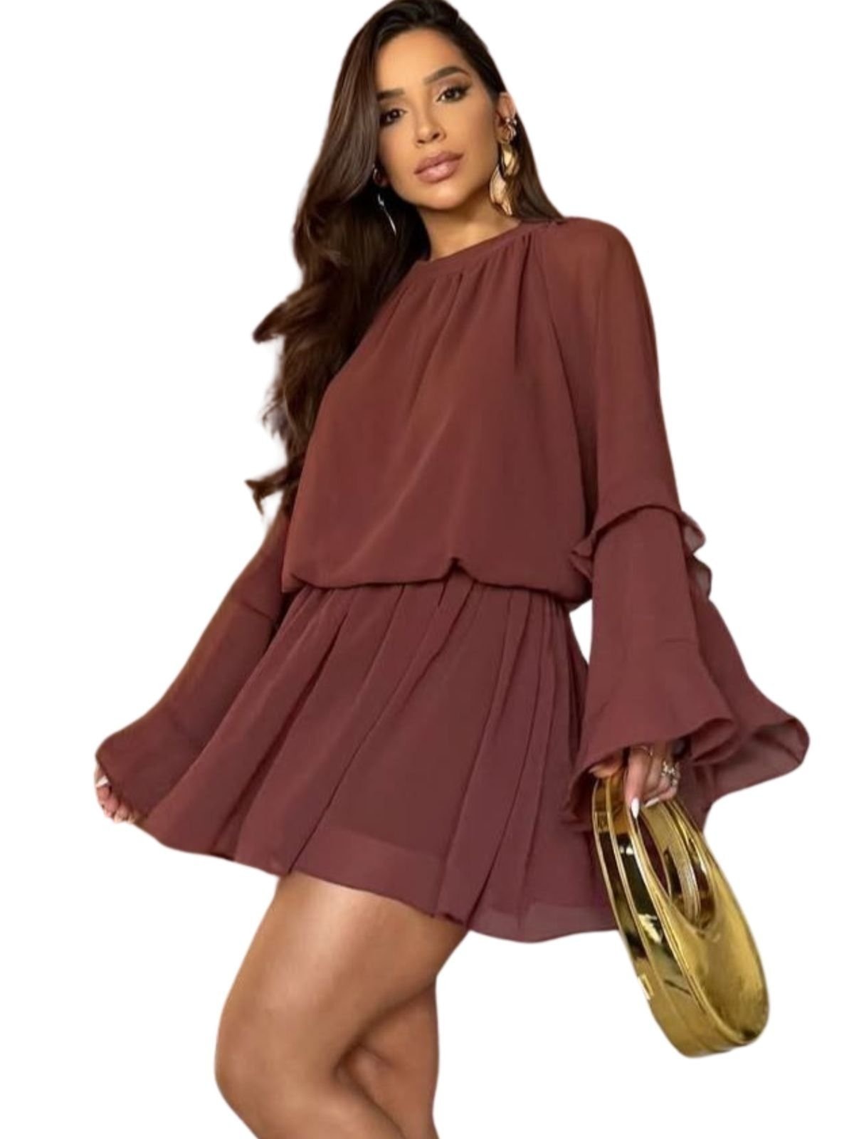 Imagem principal Vestido Summer body Macaquinho Feminino Manga Longa Flare Soltinho Summer Body marrom