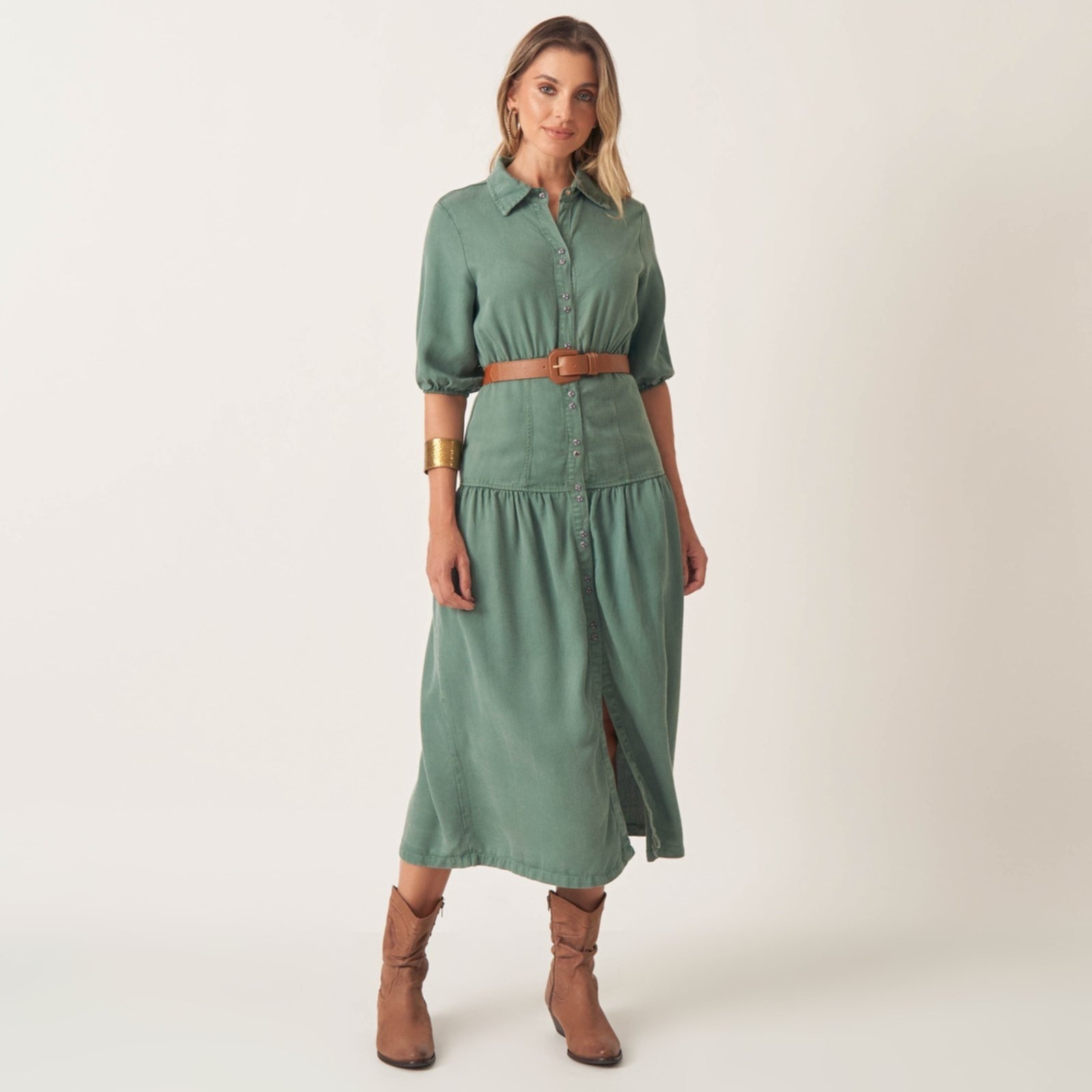 Imagem principal Vestido Jeans Leve Cintura Marcada Franzida Bloom verde