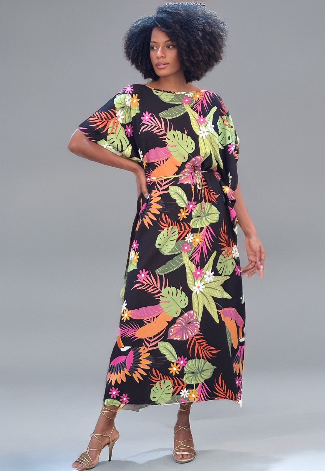 Imagem principal Vestido Amazonia Vital Kaftan Viscose Longo Estampa Noite Botânica Amazonia Vital bordô/estampado/laranja/verde