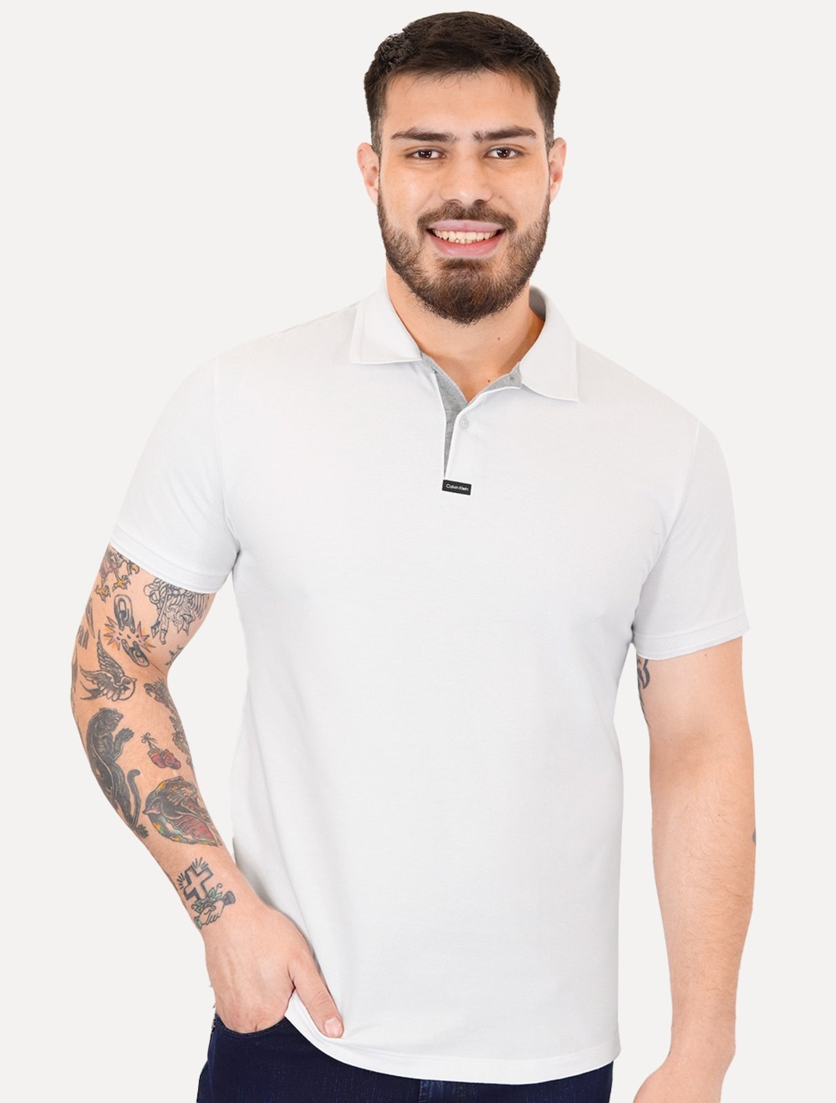 Imagem principal Polo Calvin Klein Masculina Piquet Slim Center Rubber Premium Branca Calvin Klein branco