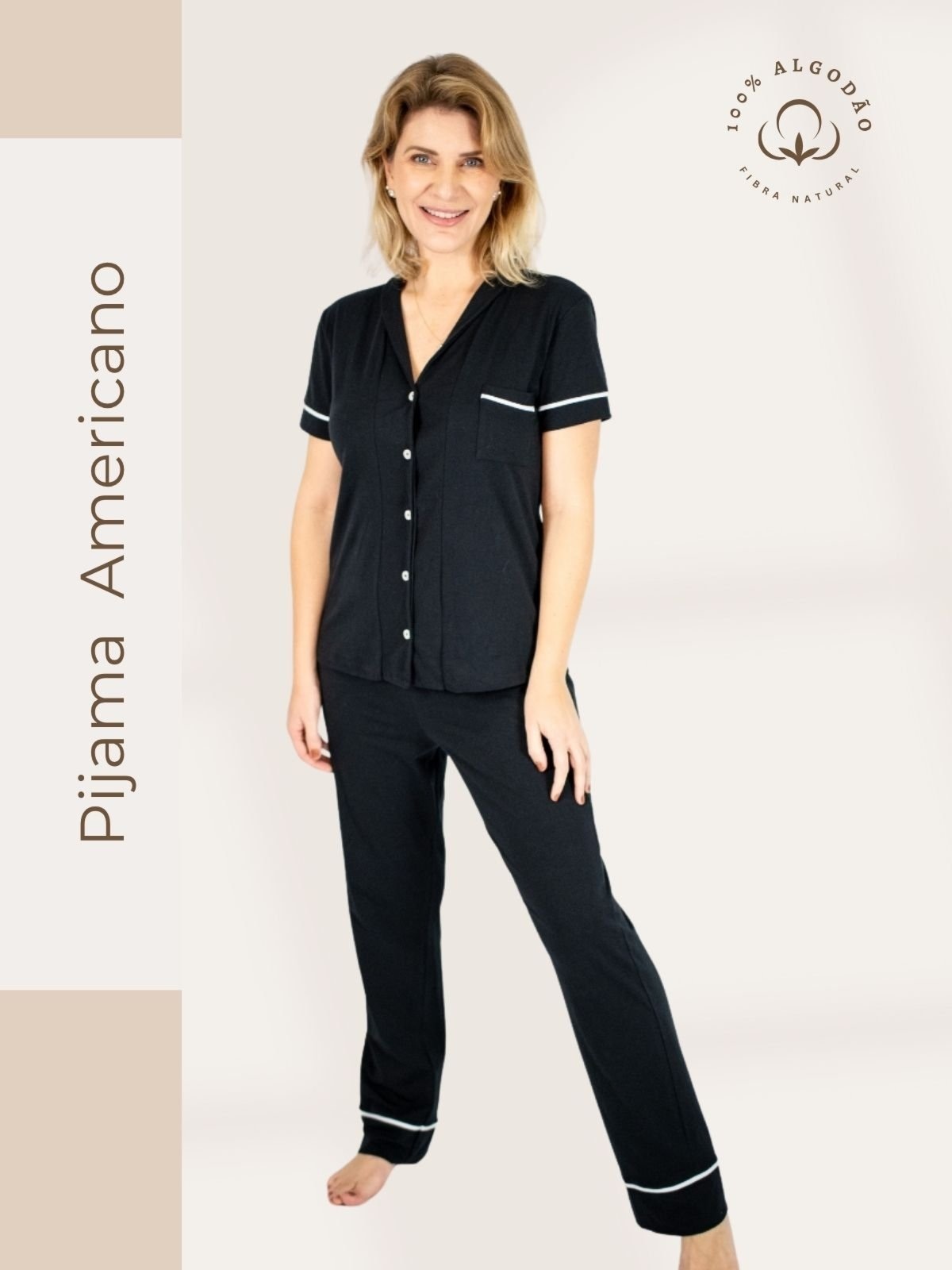 Imagem principal Pijama Algodão Americano Feminino Camisa Manga Curta com Calça Piante preto