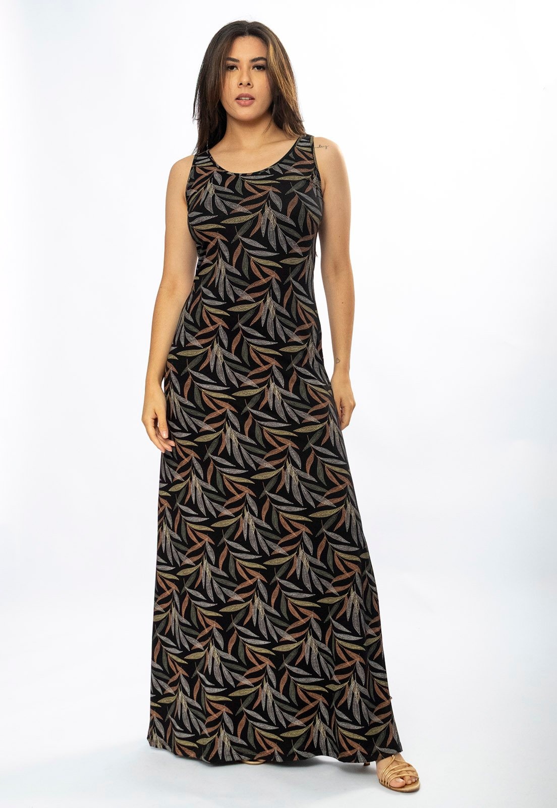 Imagem principal Vestido Longo Cabanafree Butiá Malha Regata Estampa Folhagem Cabanafree estampado/marrom/off-white