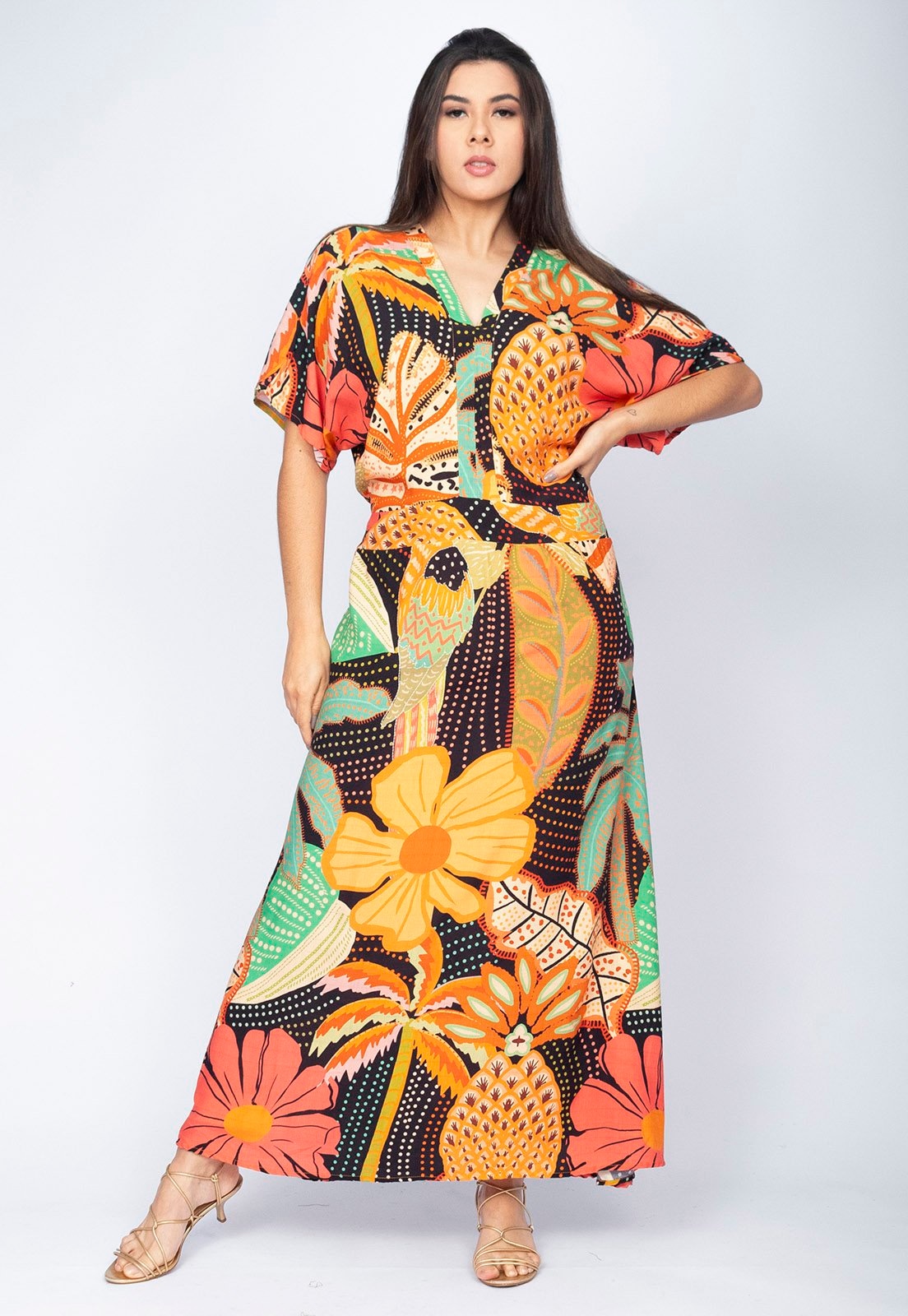 Imagem principal Vestido Midi Viscose Morcego Parati com Elástico Estampa Jardim do Verão Amazonia Vital estampado/preto