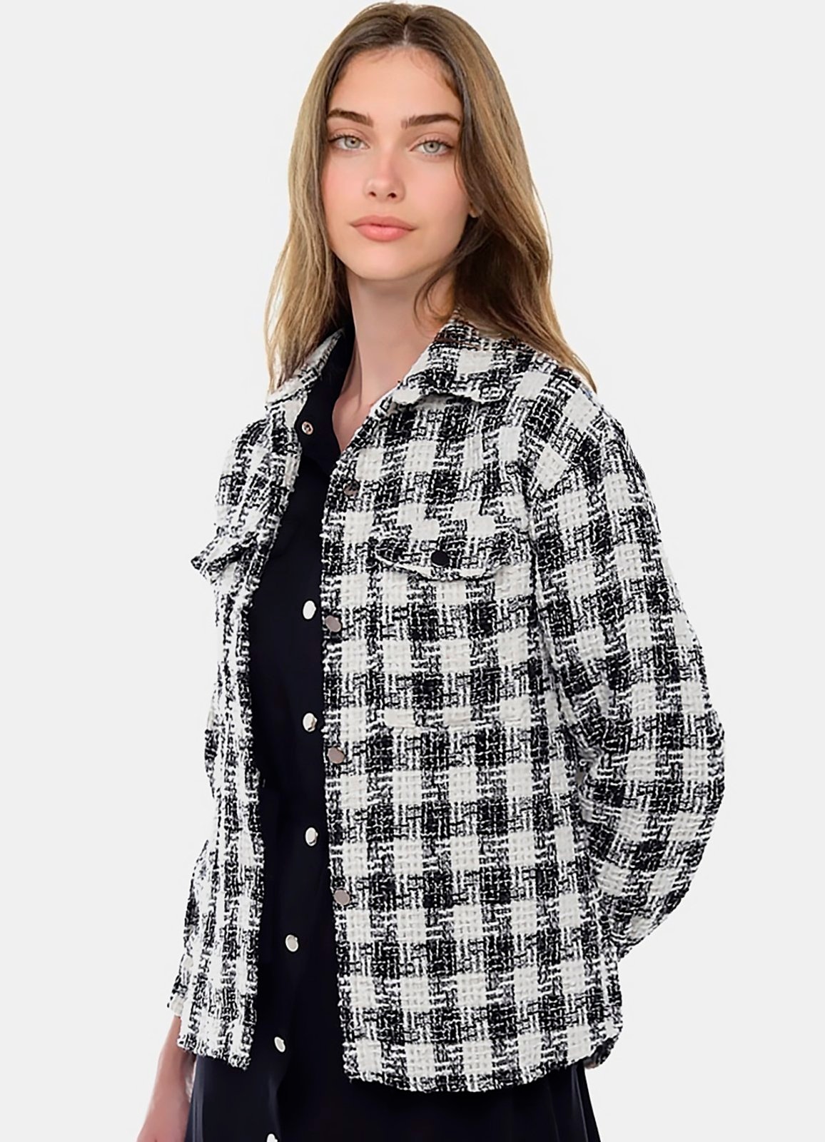 Imagem principal Jaqueta Xadrez Preta Feminina de Lã Tweed com Bolsos SOB preto