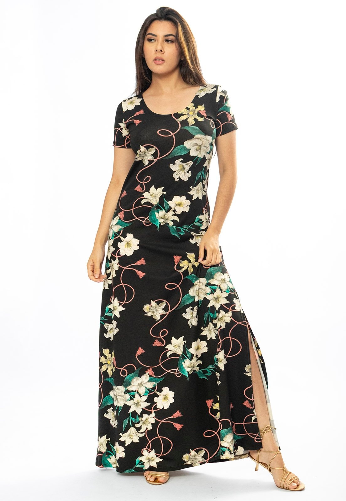 Imagem principal Vestido Longo Cabanafree Malha Gola Canoa Manga Curta Estampa Flores Ébano Cabanafree amarelo/branco/estampado/verde