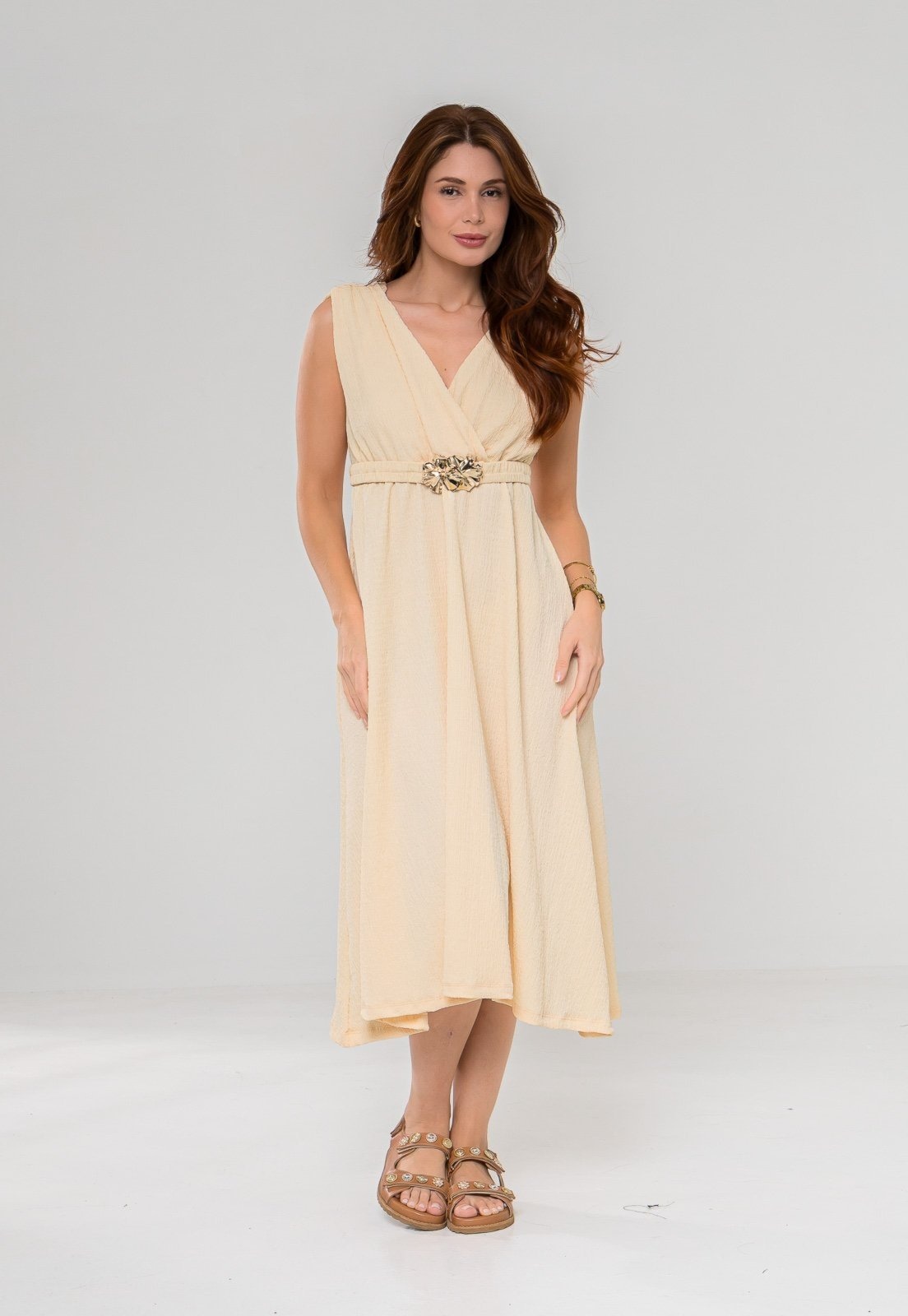 Imagem principal Vestido Aura Eva Cinto Malha Creponada Off Aura off-white