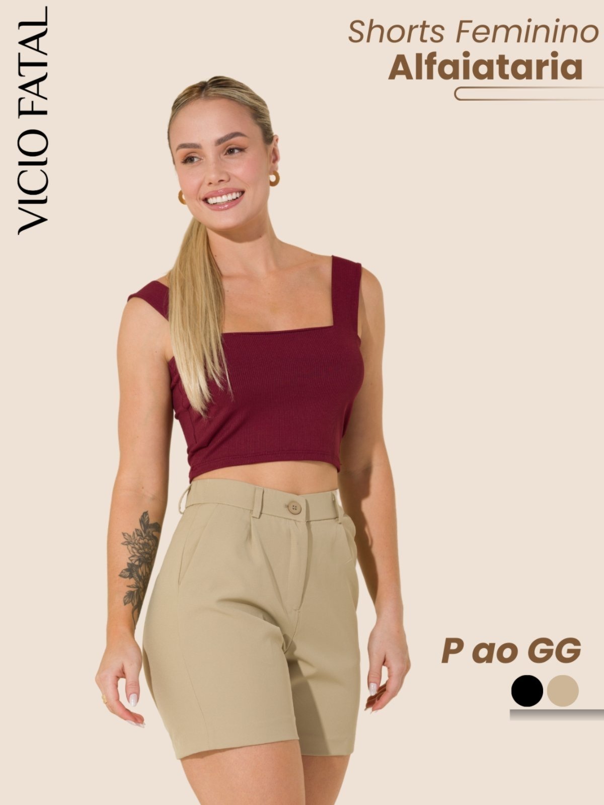 Imagem principal Shorts Feminino de Alfaiataria com Bolsos Frontais e Traseiros Cintura Alta Vicio Fatal bege