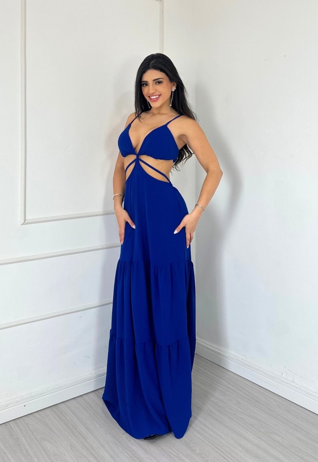 Imagem principal Vestido Longo Amarração Decote em V abertura Lateral Festa Bela Cia do Vestido azul/azul marinho azul