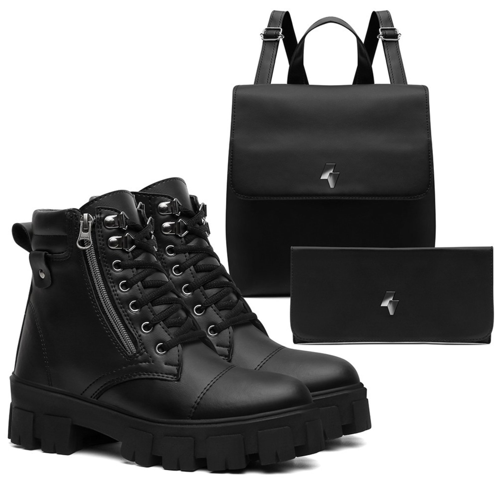 Imagem principal Kit Bota Feminina Cano Curto Anna Andrade Coturno Tratorado Militar Casual Bolsa e Carteira Anna Andrade preto