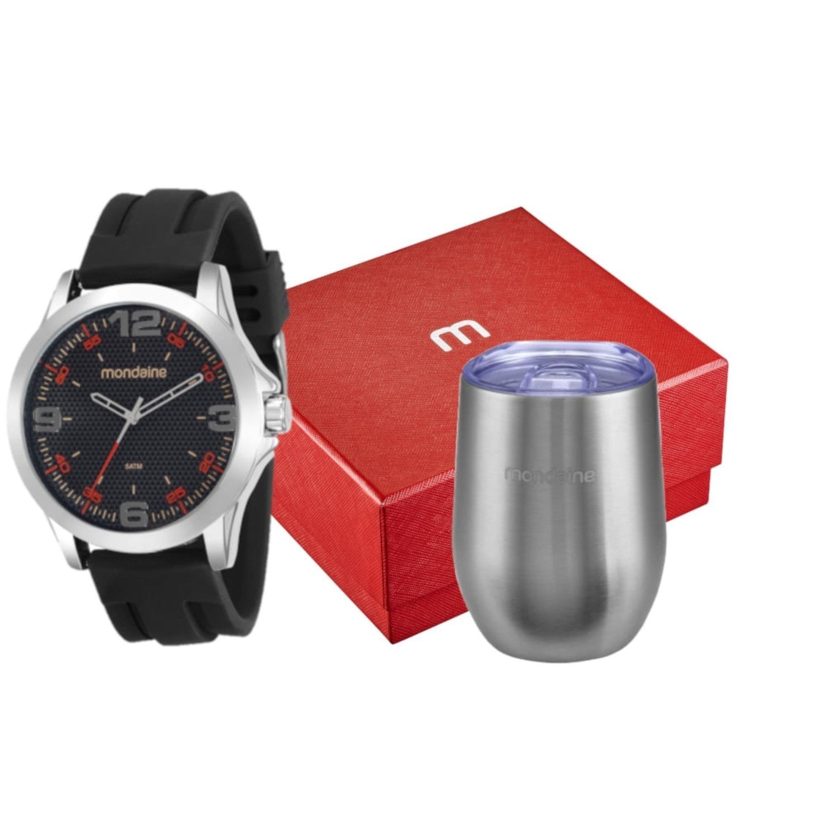Imagem principal Kit Relógio Masculino Esportivo Cromado Com Copo Térmico Mondaine preto